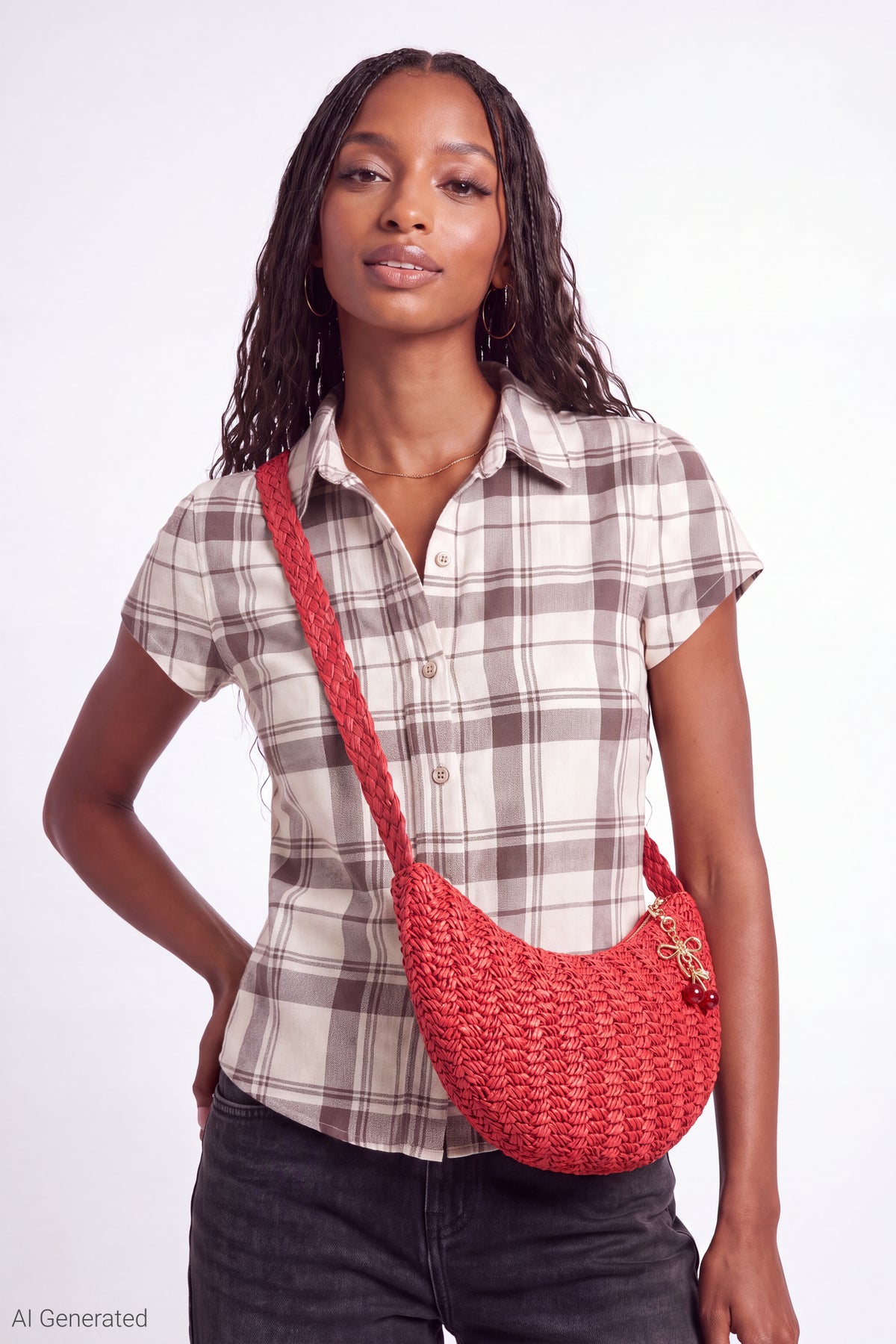 Plaid Flannel Short Sleeve Button-Up Top - Ivory