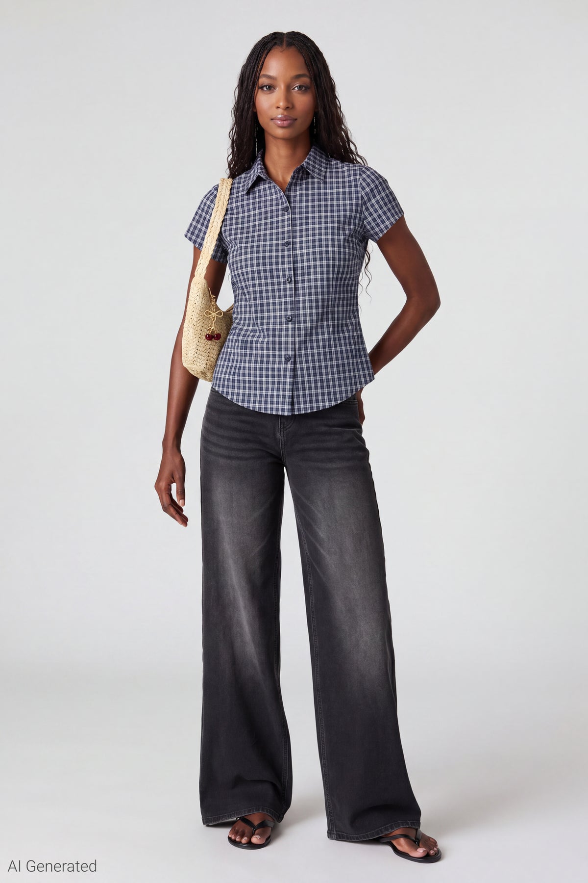 Alt View 2. Plaid Flannel Short Sleeve Button-Up Top - Navy
