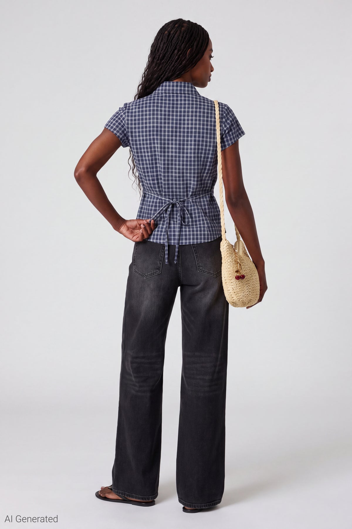Alt View 3. Plaid Flannel Short Sleeve Button-Up Top - Navy