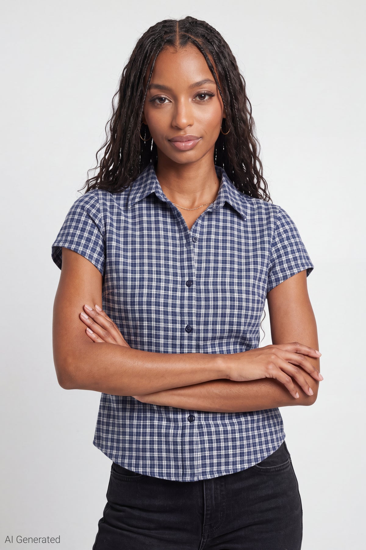 Plaid Flannel Short Sleeve Button-Up Top - Navy
