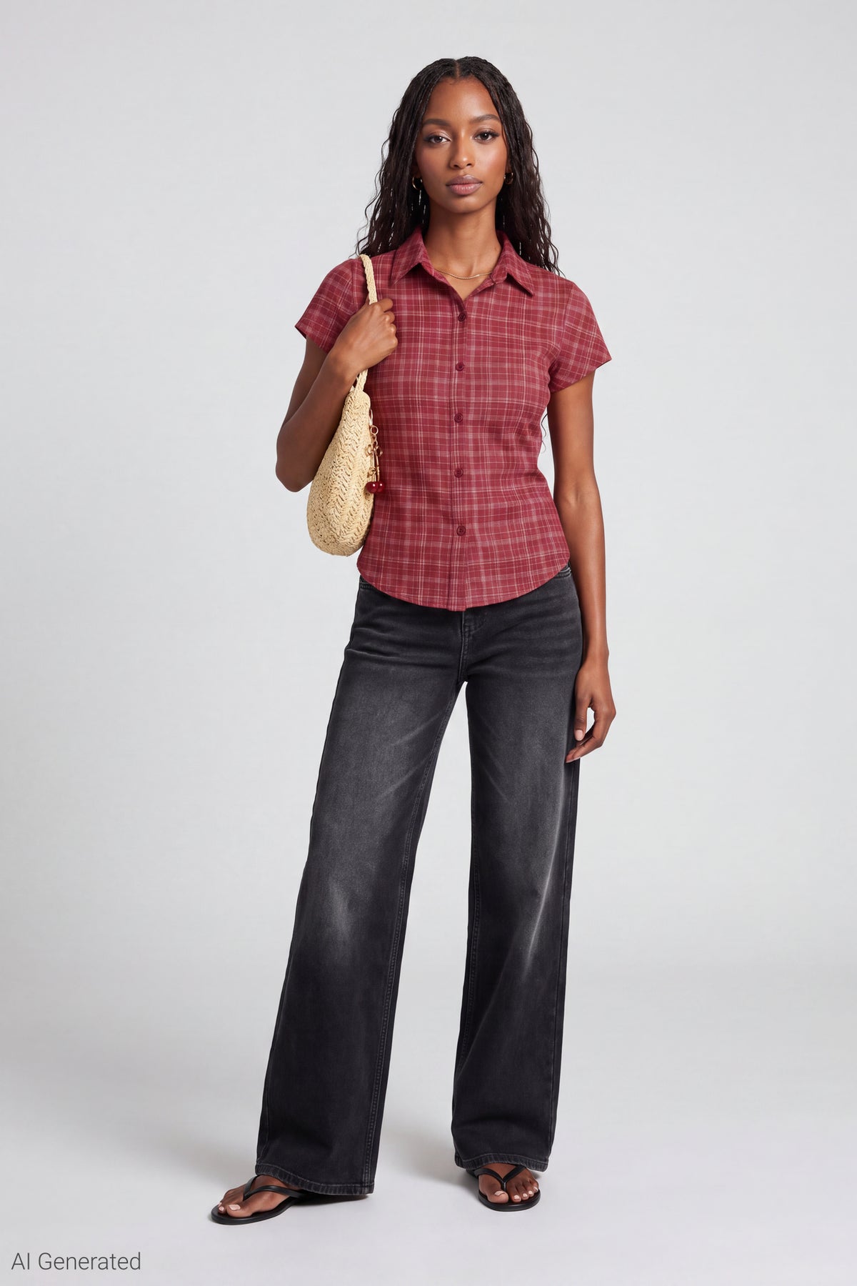 Alt View 2. Plaid Flannel Short Sleeve Button-Up Top - Red