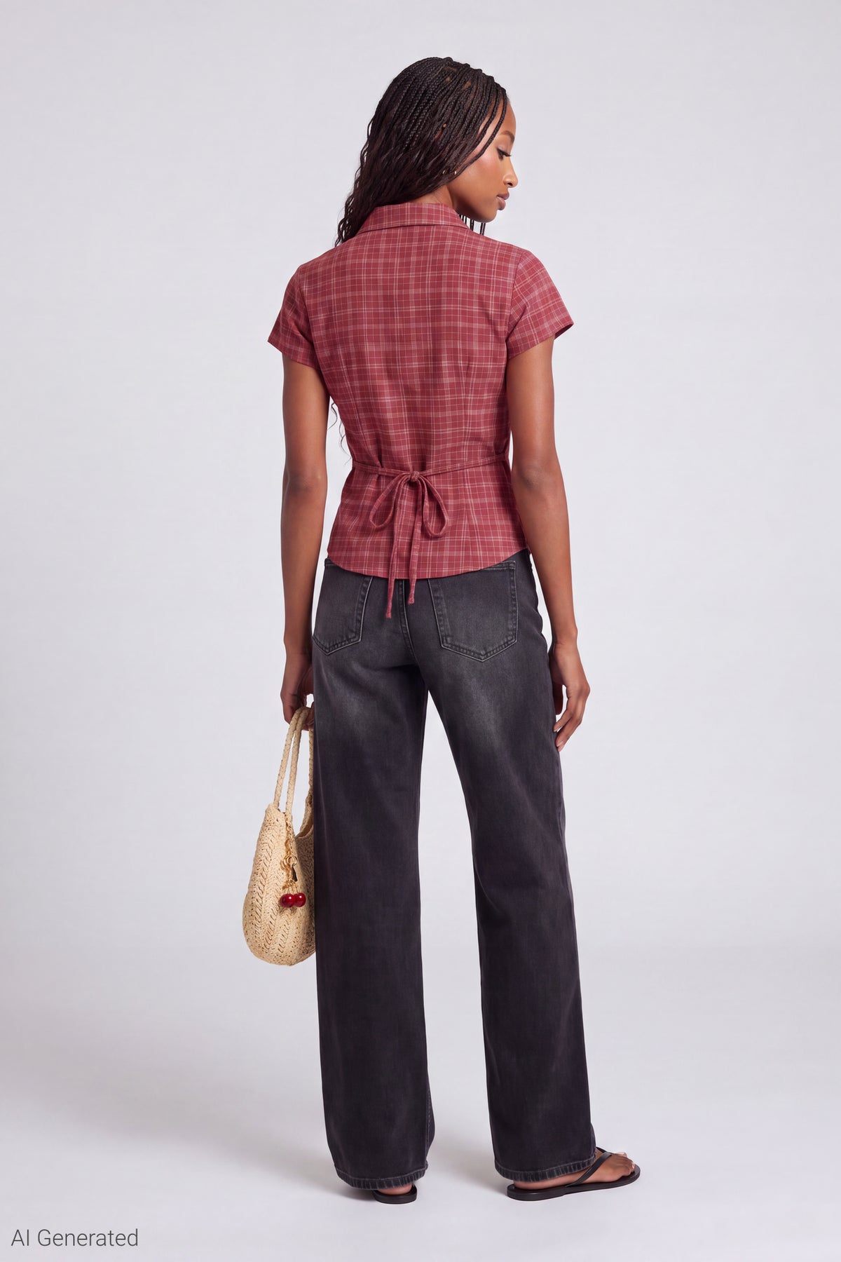 Alt View 3. Plaid Flannel Short Sleeve Button-Up Top - Red