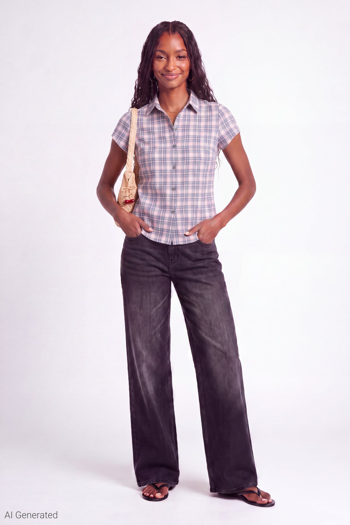 Alt View 2. Plaid Flannel Short Sleeve Button-Up Top - Pink