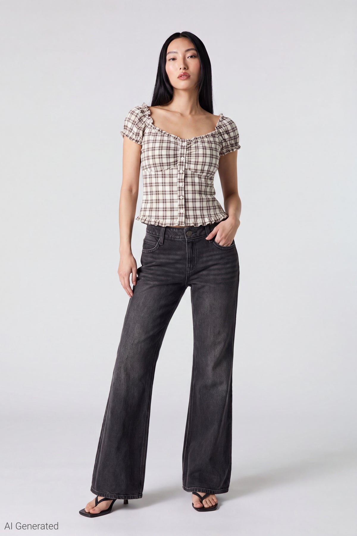 Alt View 2. Plaid Button Front Puff Sleeve Top - White
