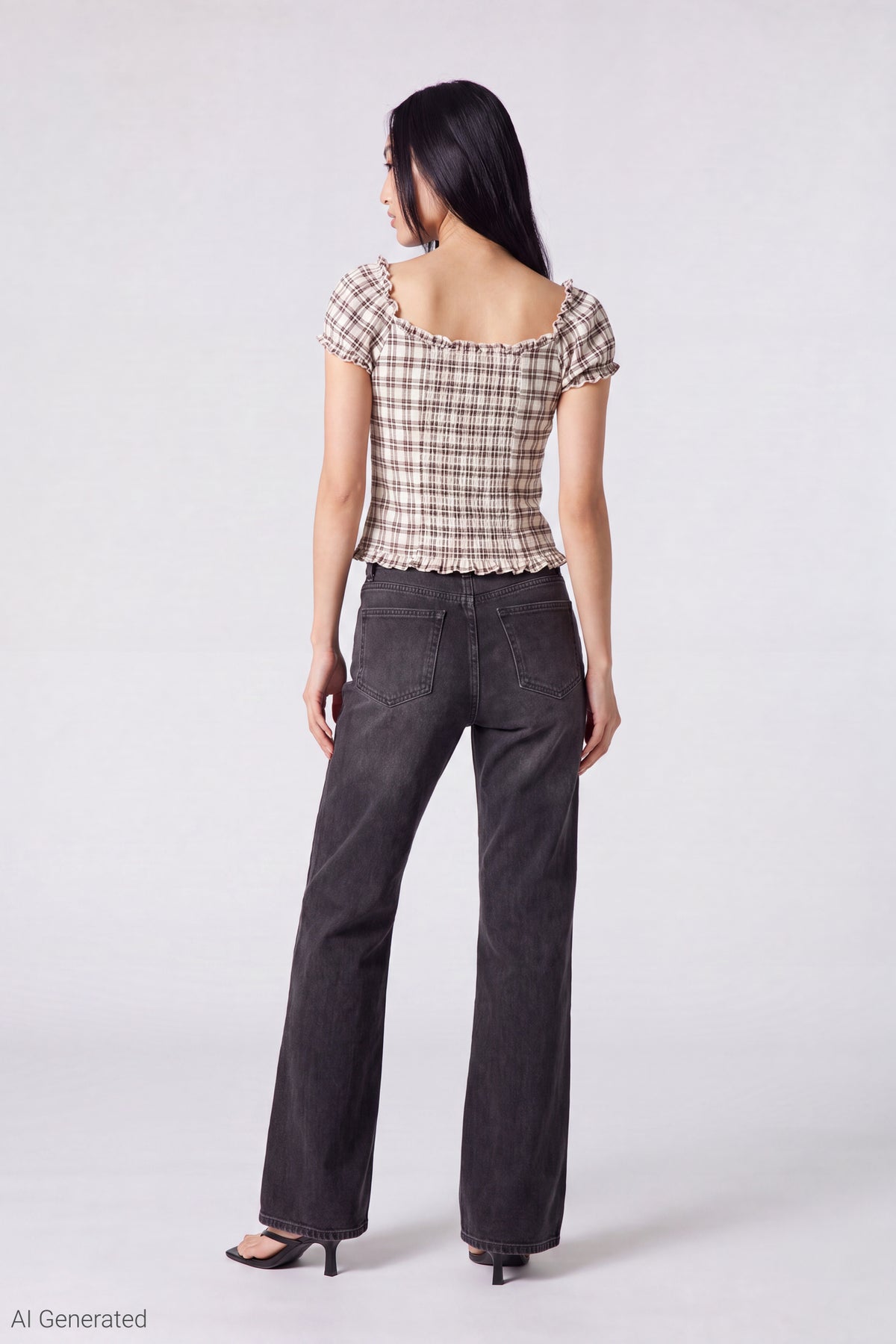 Alt View 3. Plaid Button Front Puff Sleeve Top - White