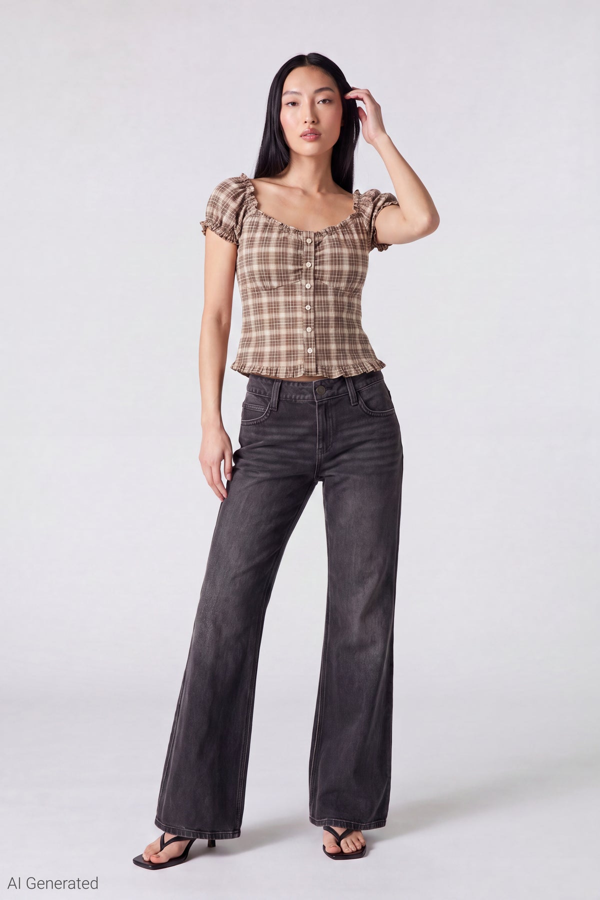 Alt View 2. Plaid Button Front Puff Sleeve Top - Brown