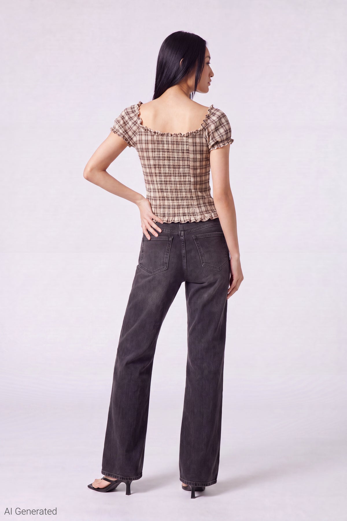 Alt View 3. Plaid Button Front Puff Sleeve Top - Brown