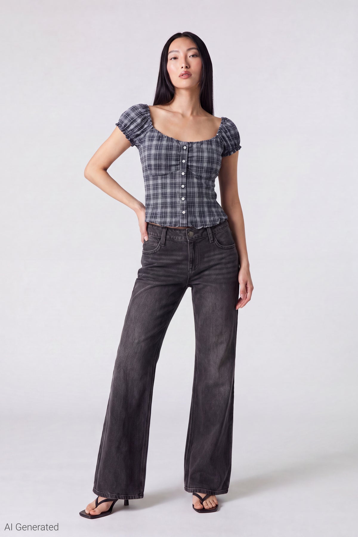Alt View 2. Plaid Button Front Puff Sleeve Top - Navy