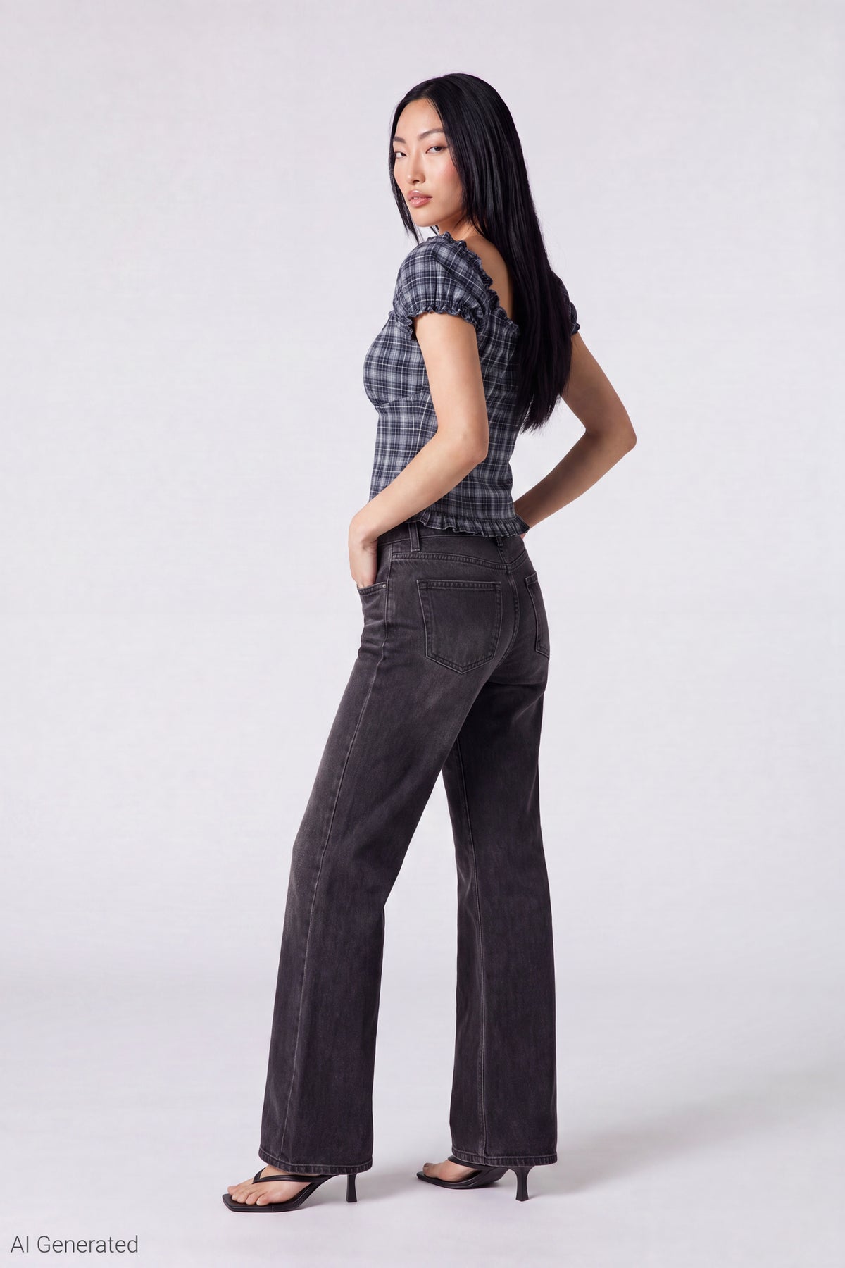 Alt View 3. Plaid Button Front Puff Sleeve Top - Navy