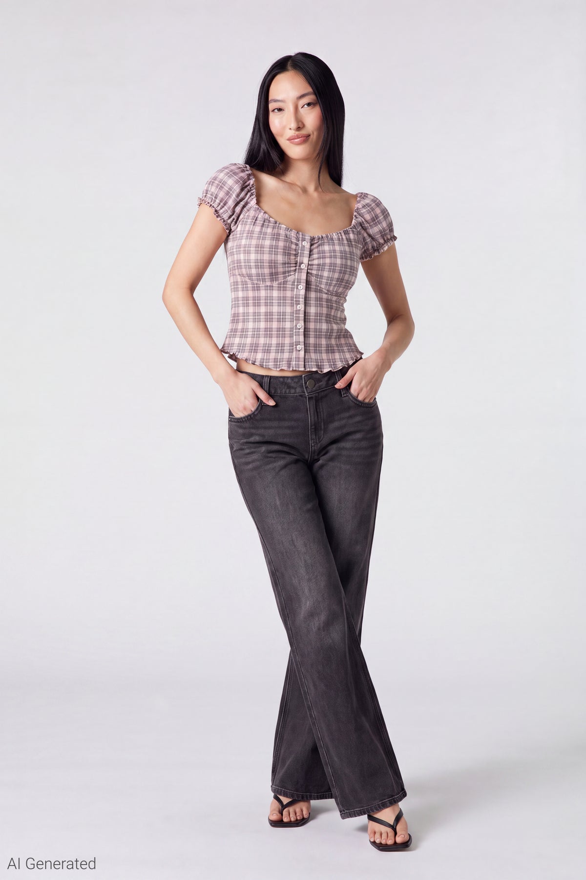 Alt View 2. Plaid Button Front Puff Sleeve Top - Pink