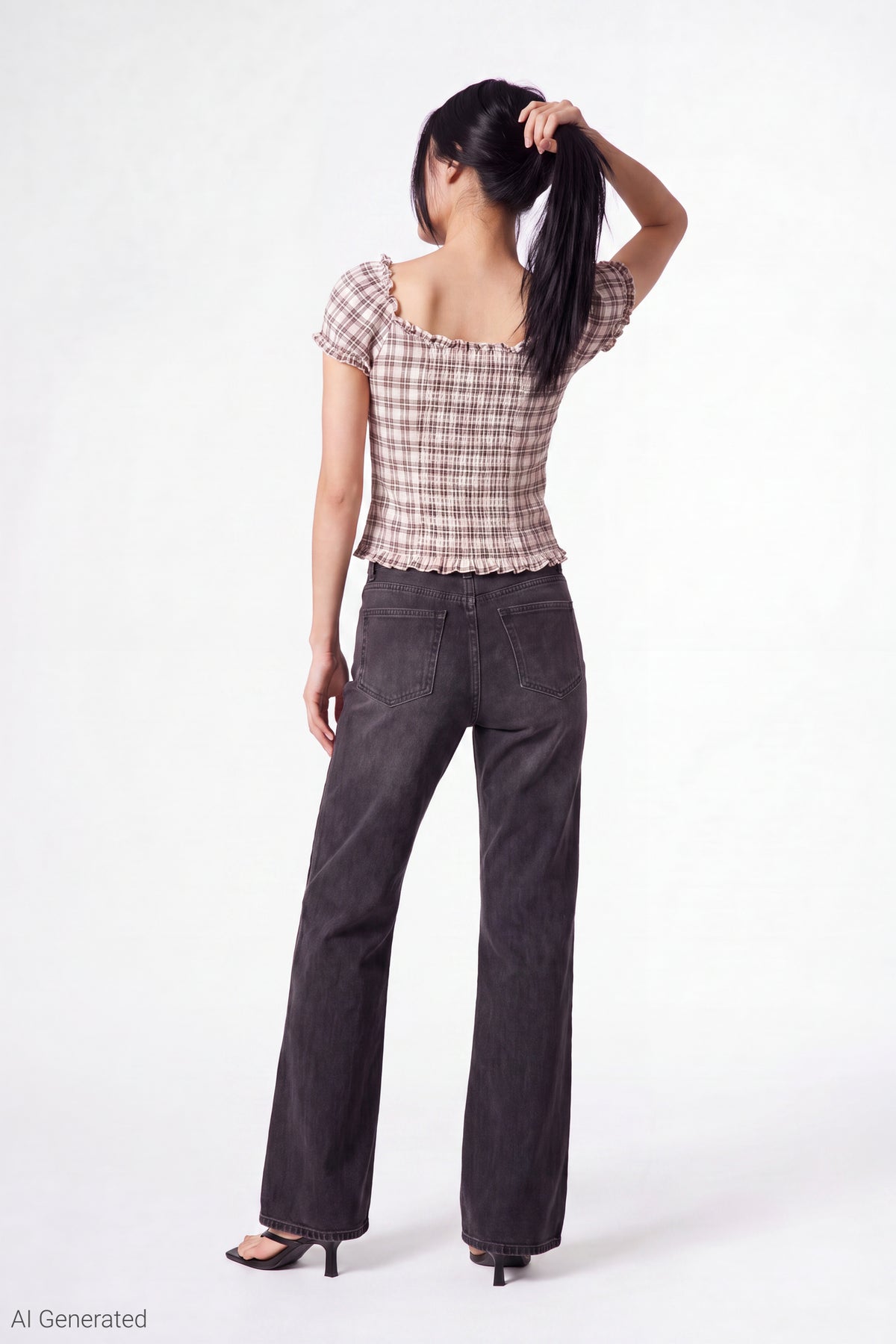 Alt View 3. Plaid Button Front Puff Sleeve Top - Pink