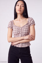 Plaid Button Front Puff Sleeve Top