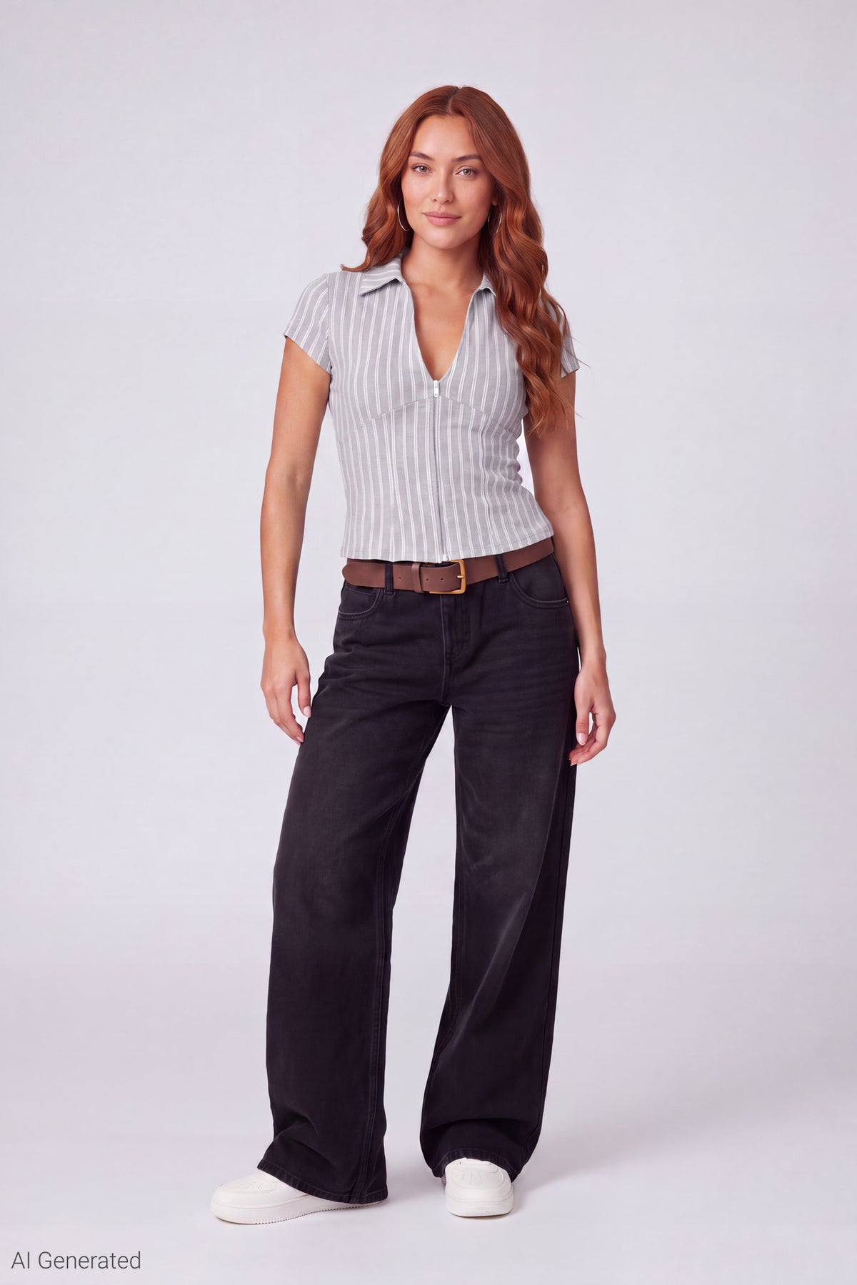 Alt View 2. Collared Zip-Up Short Sleeve Top - Light Grey