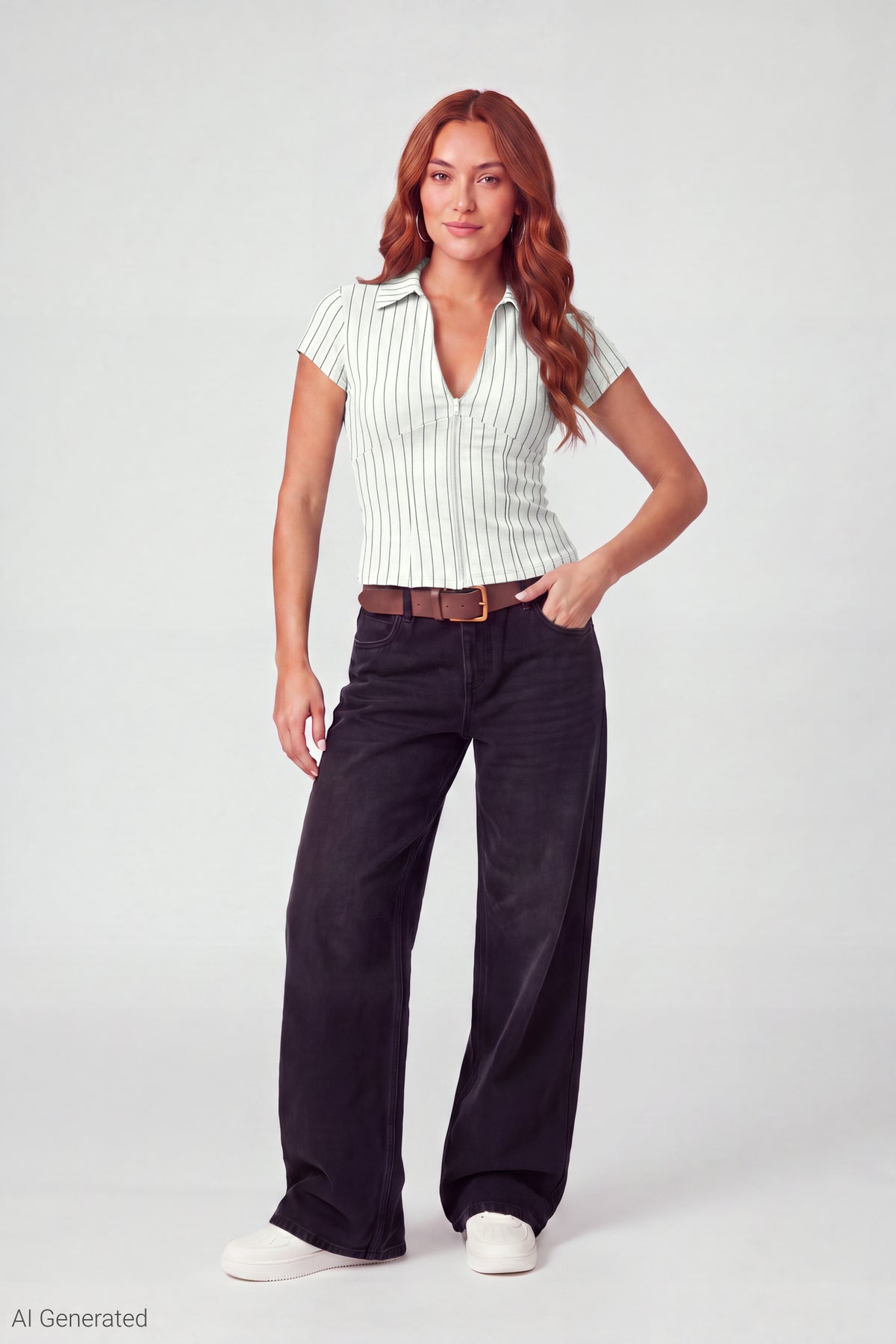 Alt View 2. Collared Zip-Up Short Sleeve Top - White