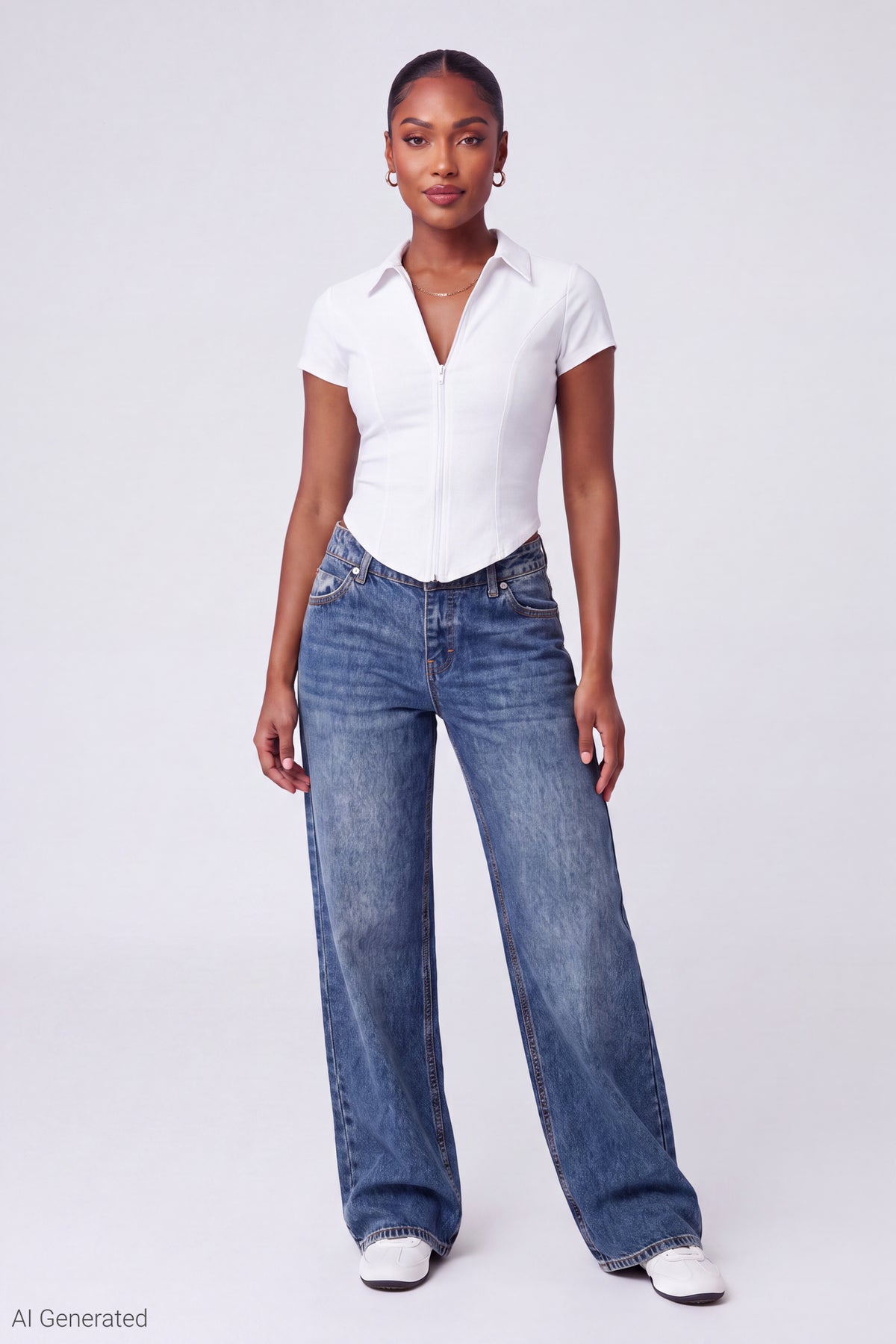 Alt View 2. Collared Zip-Up Short Sleeve Top - White