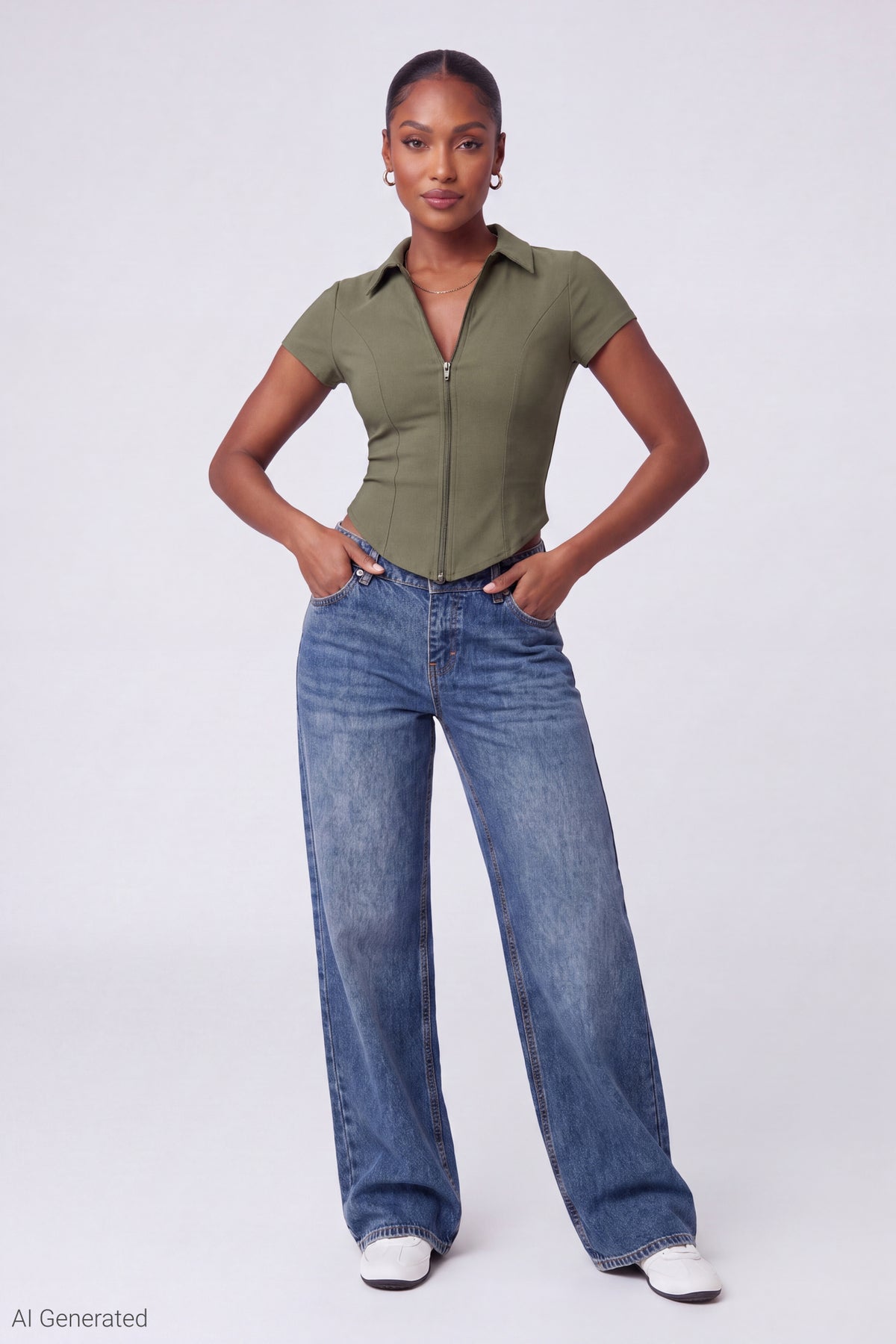 Alt View 2. Collared Zip-Up Short Sleeve Top - Dark Green