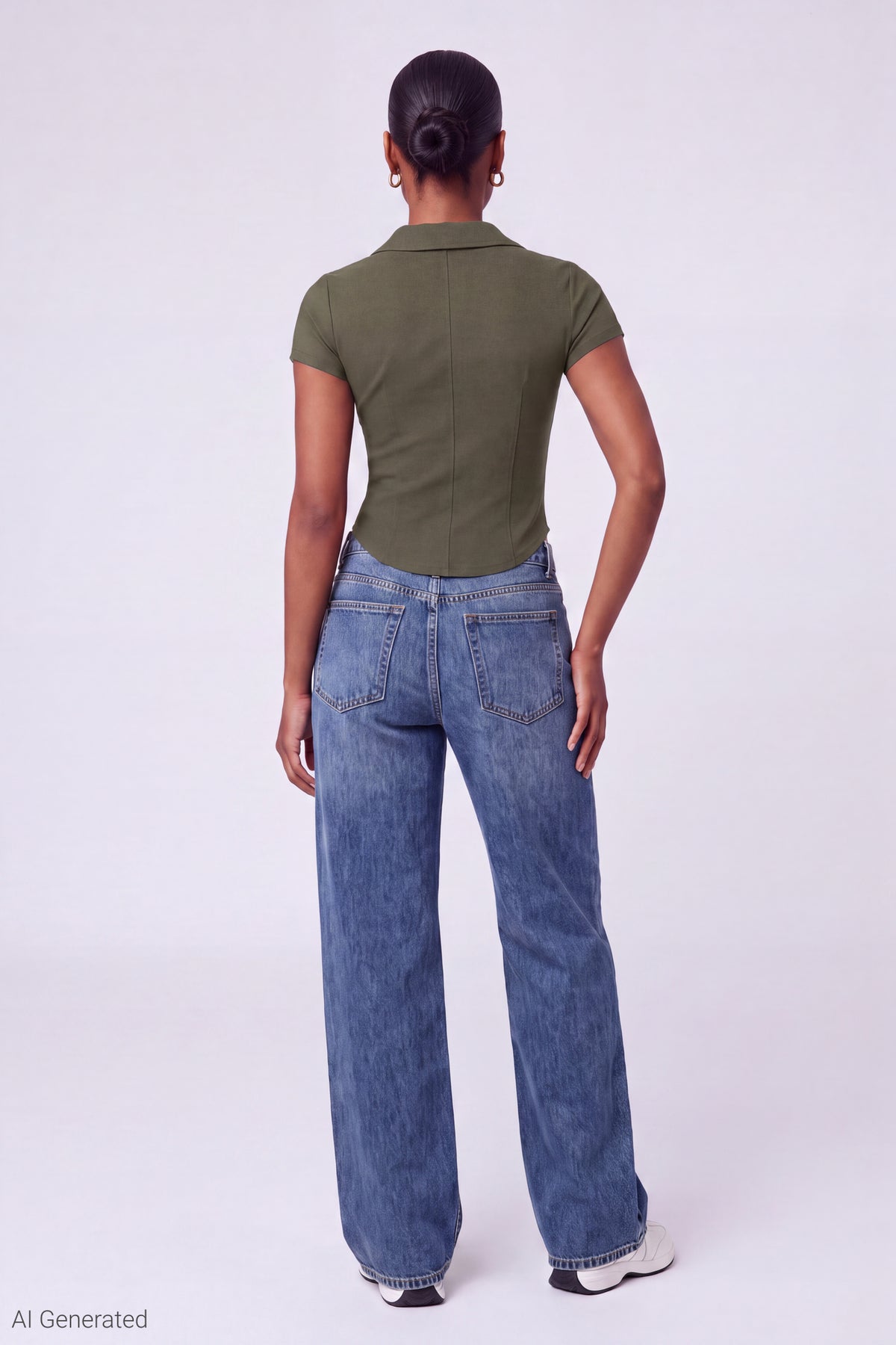 Alt View 3. Collared Zip-Up Short Sleeve Top - Dark Green