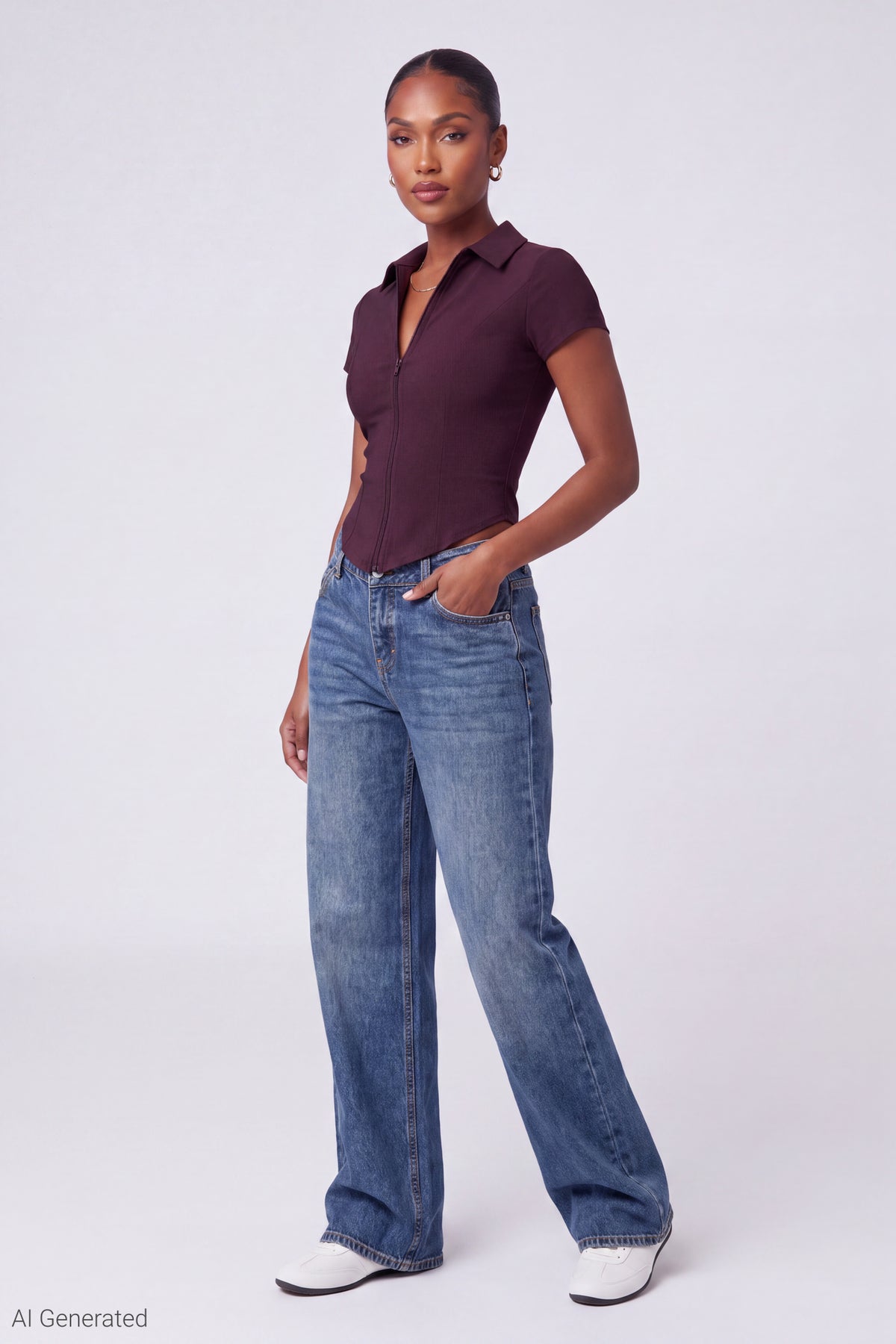 Alt View 2. Collared Zip-Up Short Sleeve Top - Burgundy