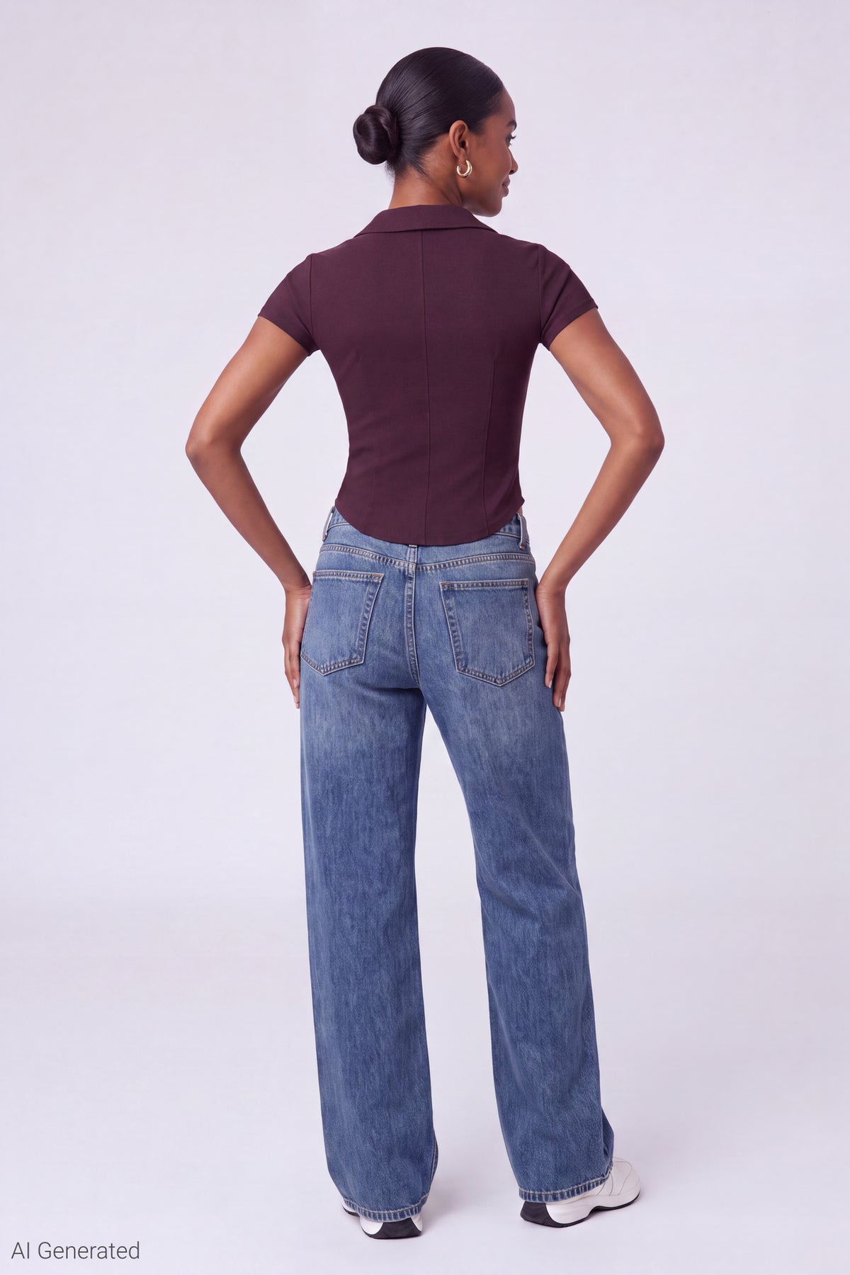 Alt View 3. Collared Zip-Up Short Sleeve Top - Burgundy