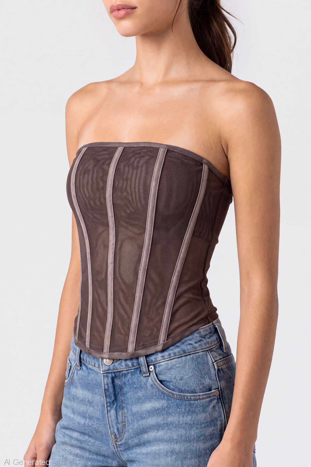 Alt View 4. Mesh Strapless Corset - Brown