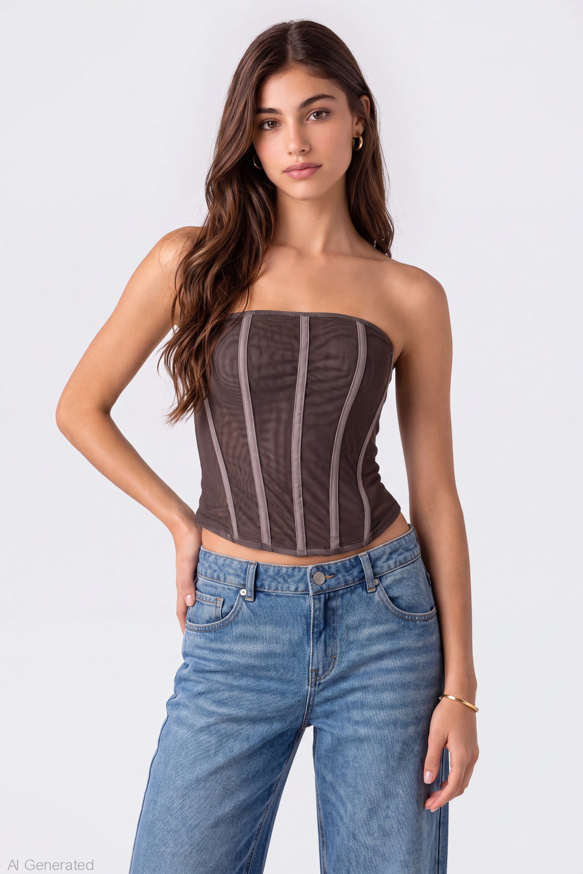 Mesh Strapless Corset - Brown