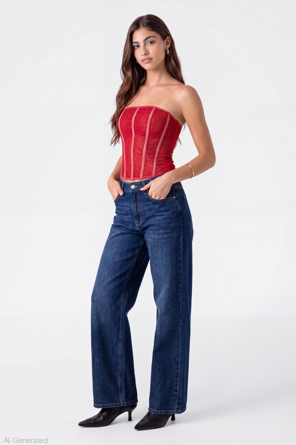 Alt View 3. Mesh Strapless Corset - Red