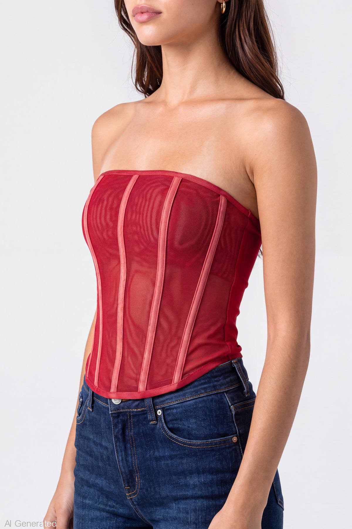 Alt View 4. Mesh Strapless Corset - Red