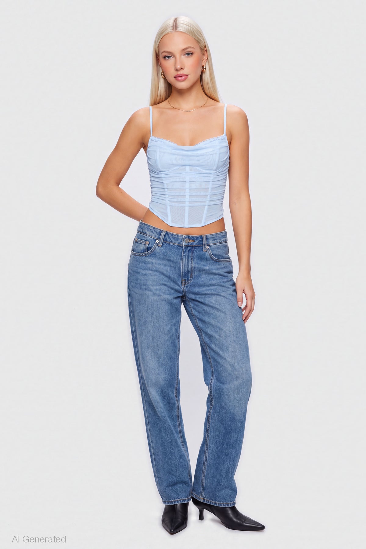 Alt View 3. Mesh Lace Corset Tank - Light Blue