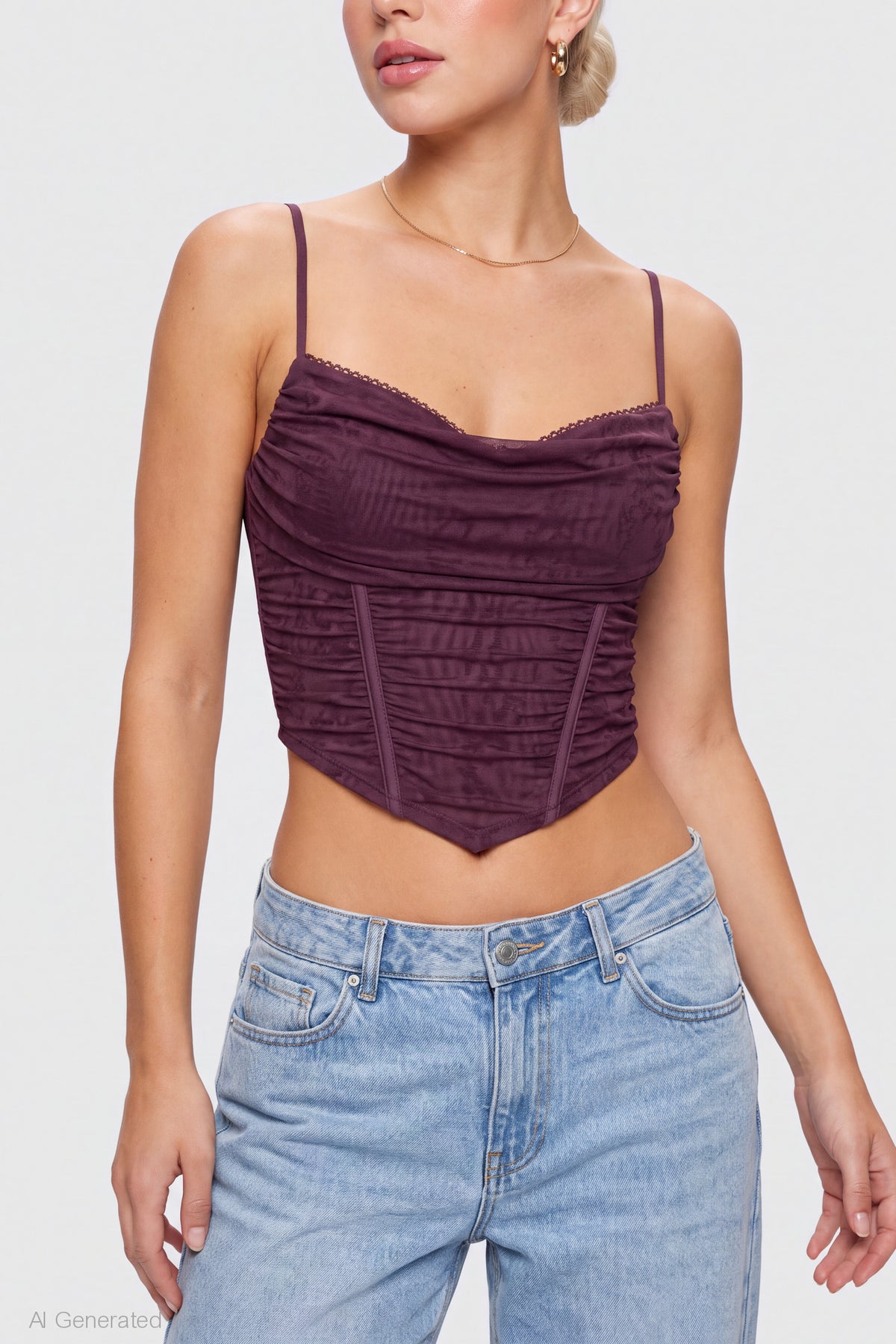 Alt View 4. Mesh Lace Corset Tank - Burgundy