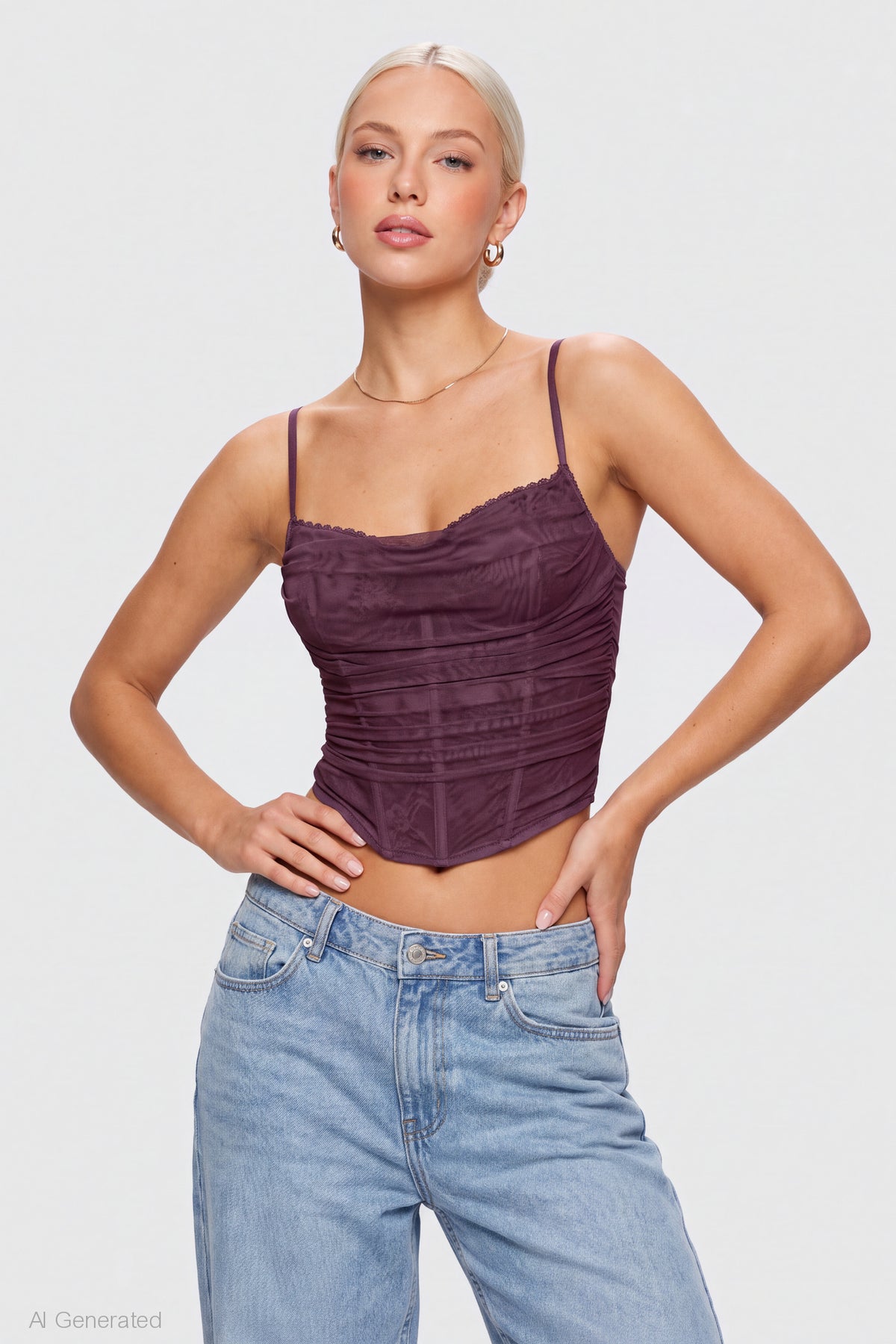 Mesh Lace Corset Tank - Burgundy