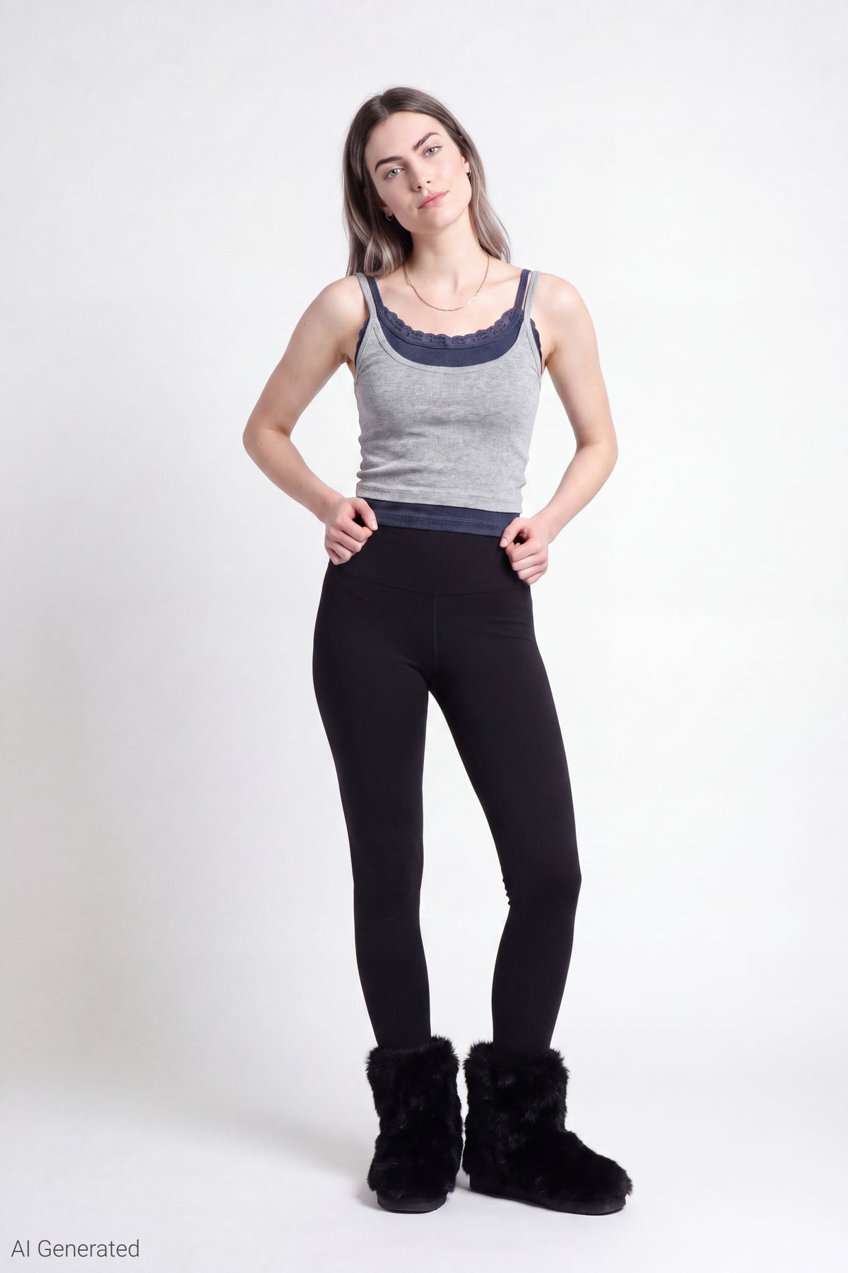 Alt View 2. Ribbed Lace Trim Layered Twofer Tank - Heather Grey