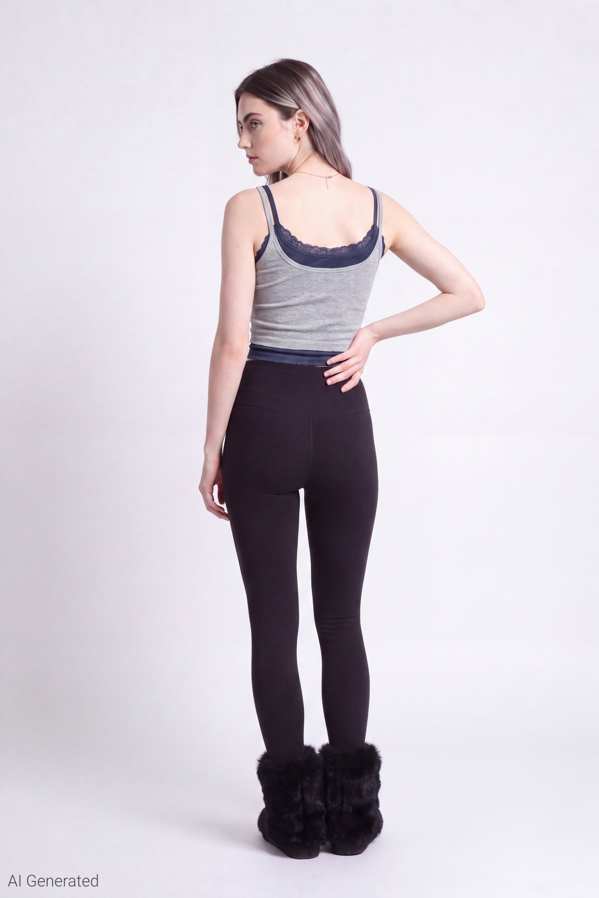 Alt View 3. Ribbed Lace Trim Layered Twofer Tank - Heather Grey