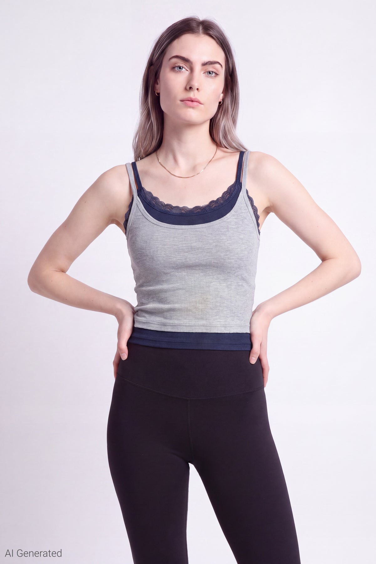 Ribbed Lace Trim Layered Twofer Tank - Heather Grey