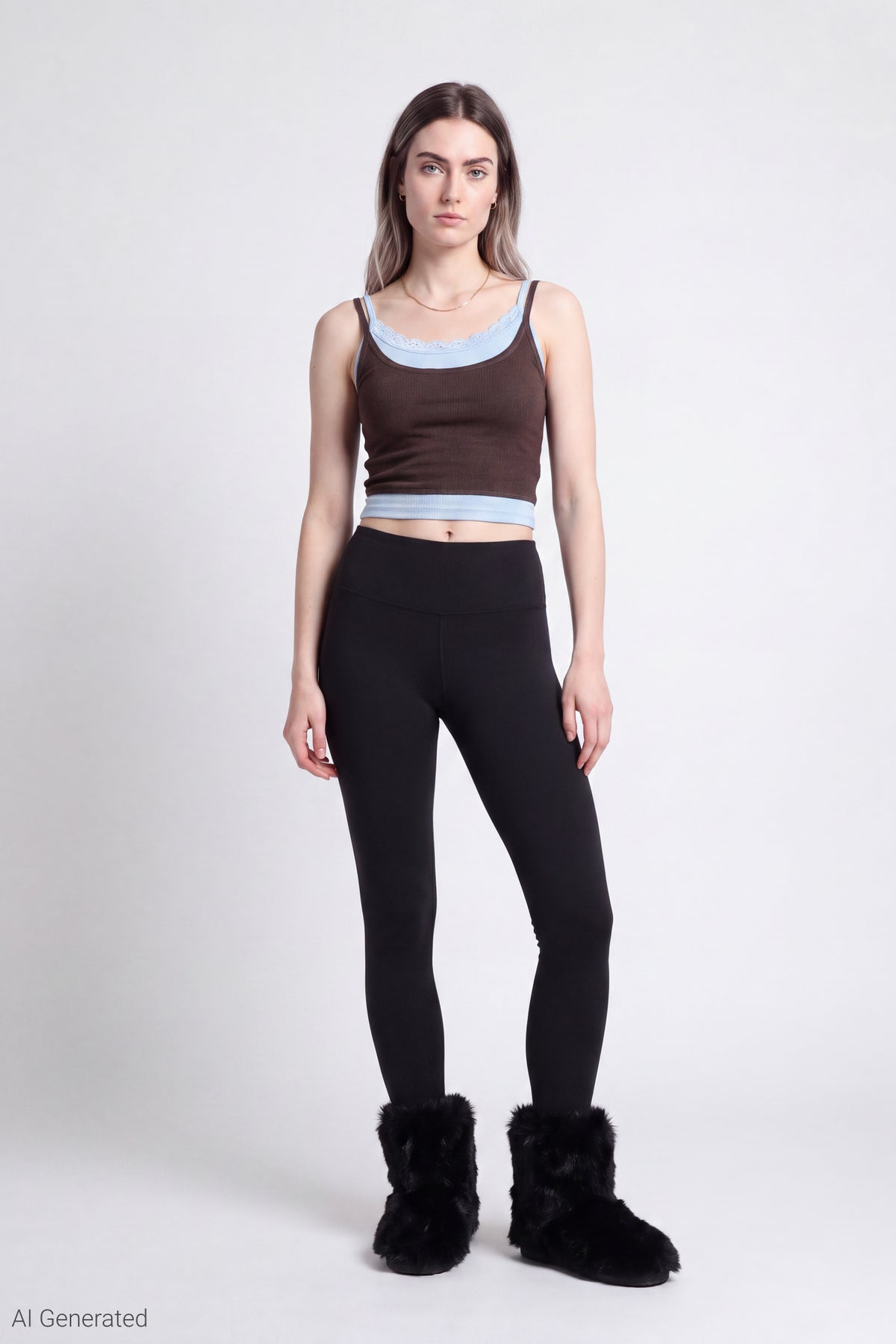 Alt View 2. Ribbed Lace Trim Layered Twofer Tank - Brown