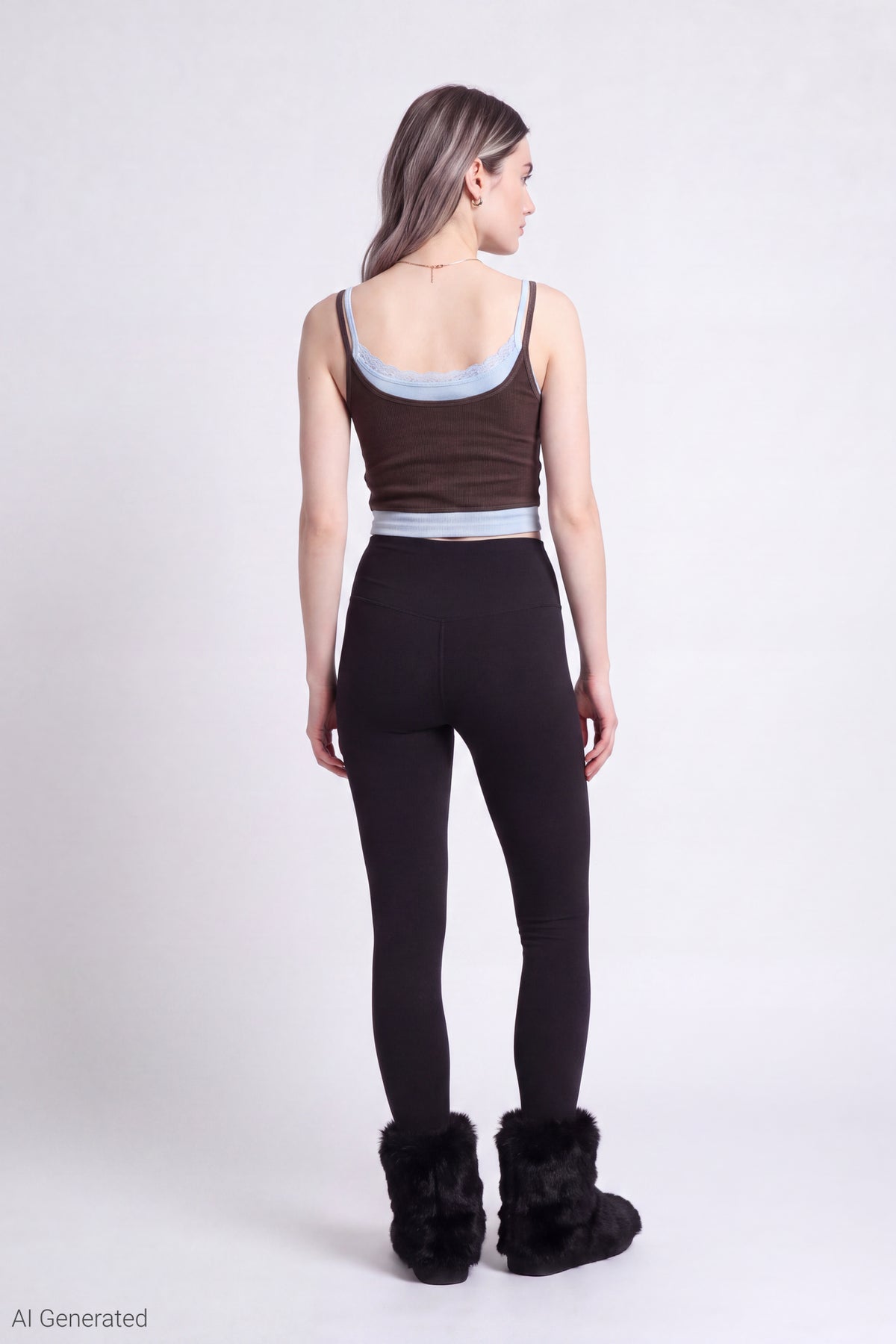 Alt View 3. Ribbed Lace Trim Layered Twofer Tank - Brown