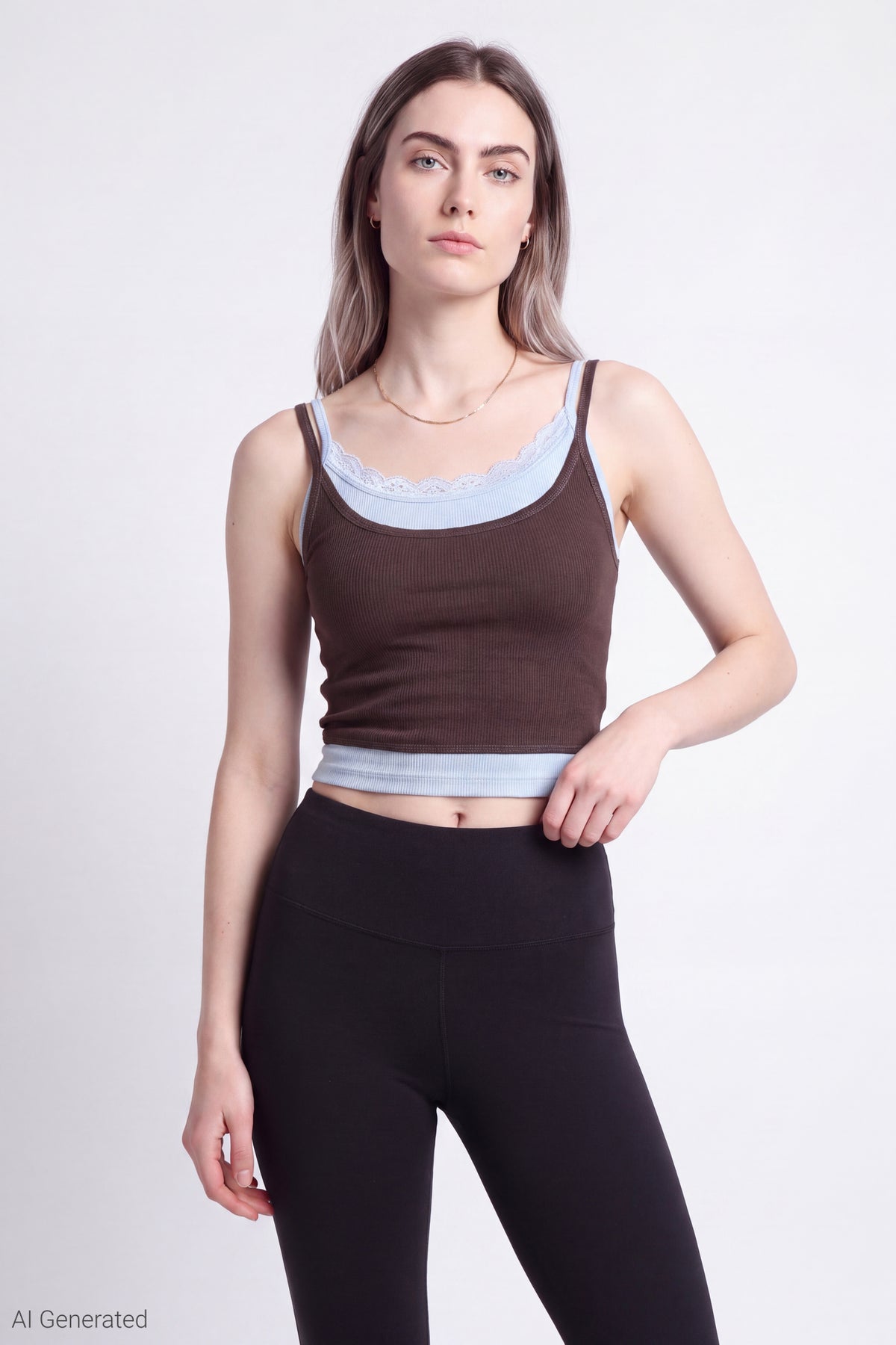 Ribbed Lace Trim Layered Twofer Tank - Brown