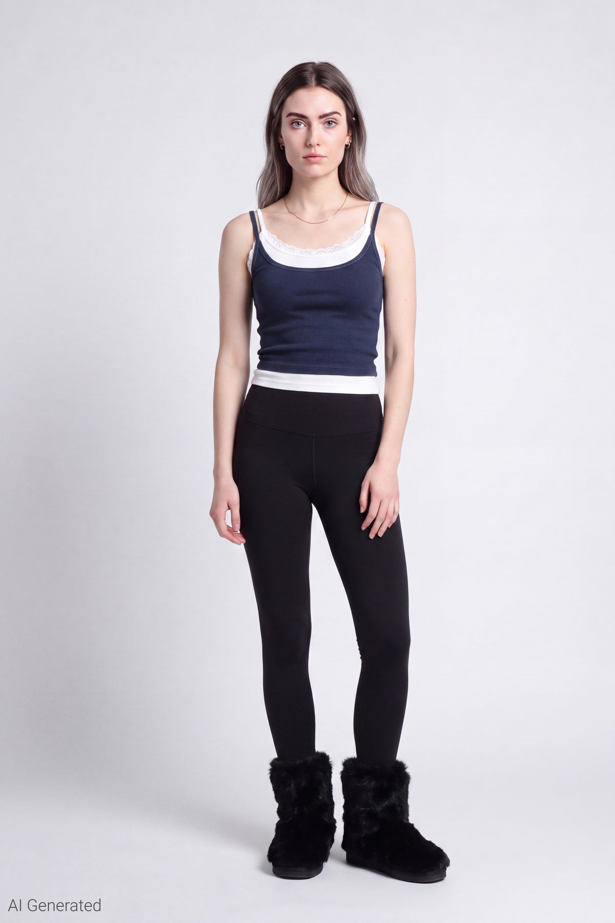 Alt View 2. Ribbed Lace Trim Layered Twofer Tank - Dark Blue