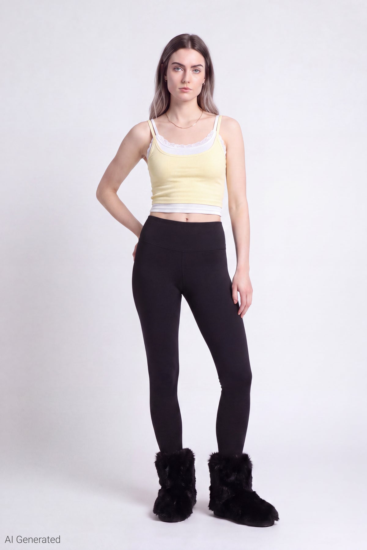 Alt View 2. Ribbed Lace Trim Layered Twofer Tank - Pale Yellow