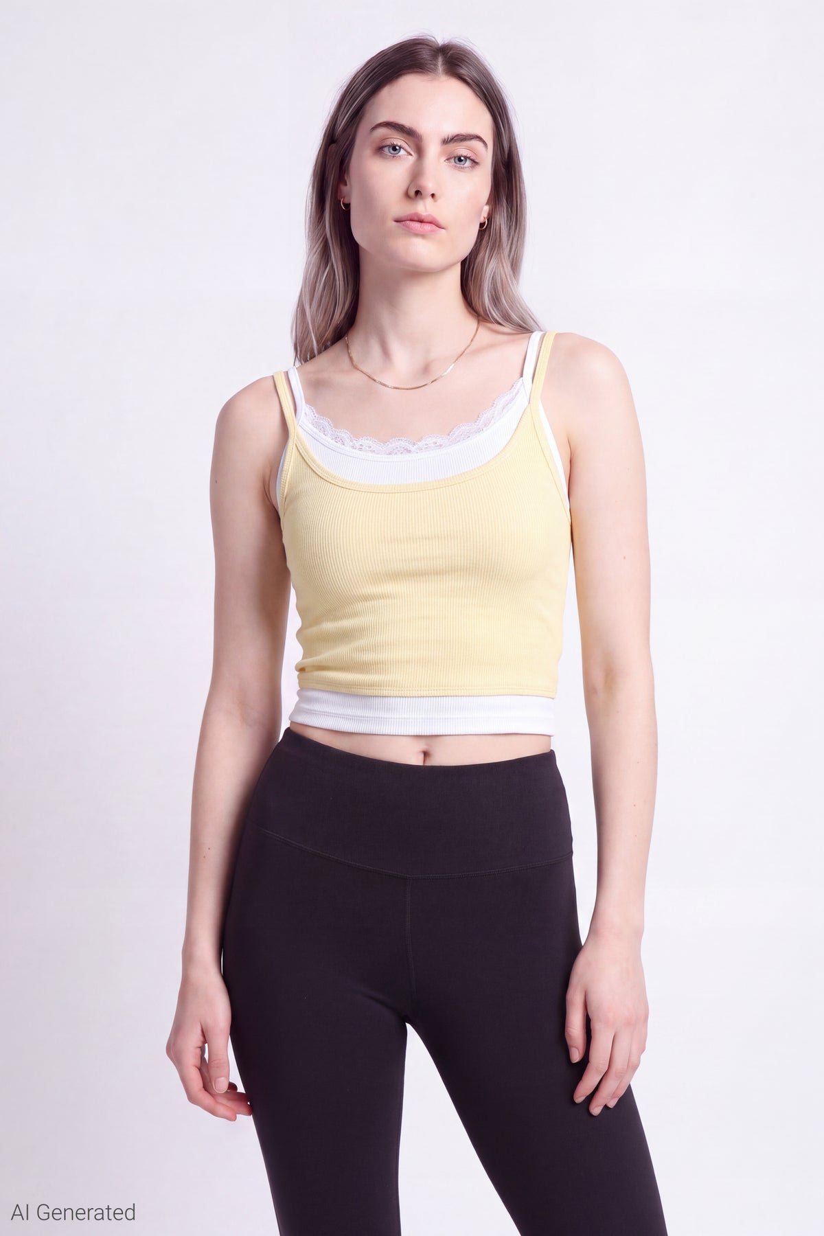 Ribbed Lace Trim Layered Twofer Tank - Pale Yellow