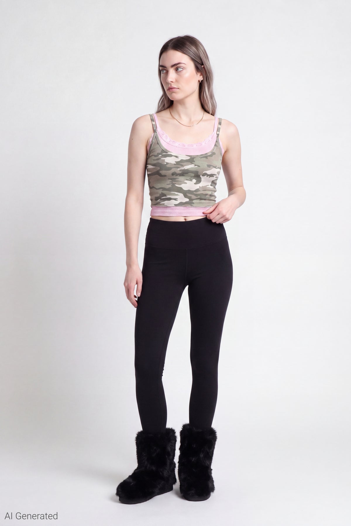 Alt View 2. Ribbed Lace Trim Layered Twofer Tank - Camouflage