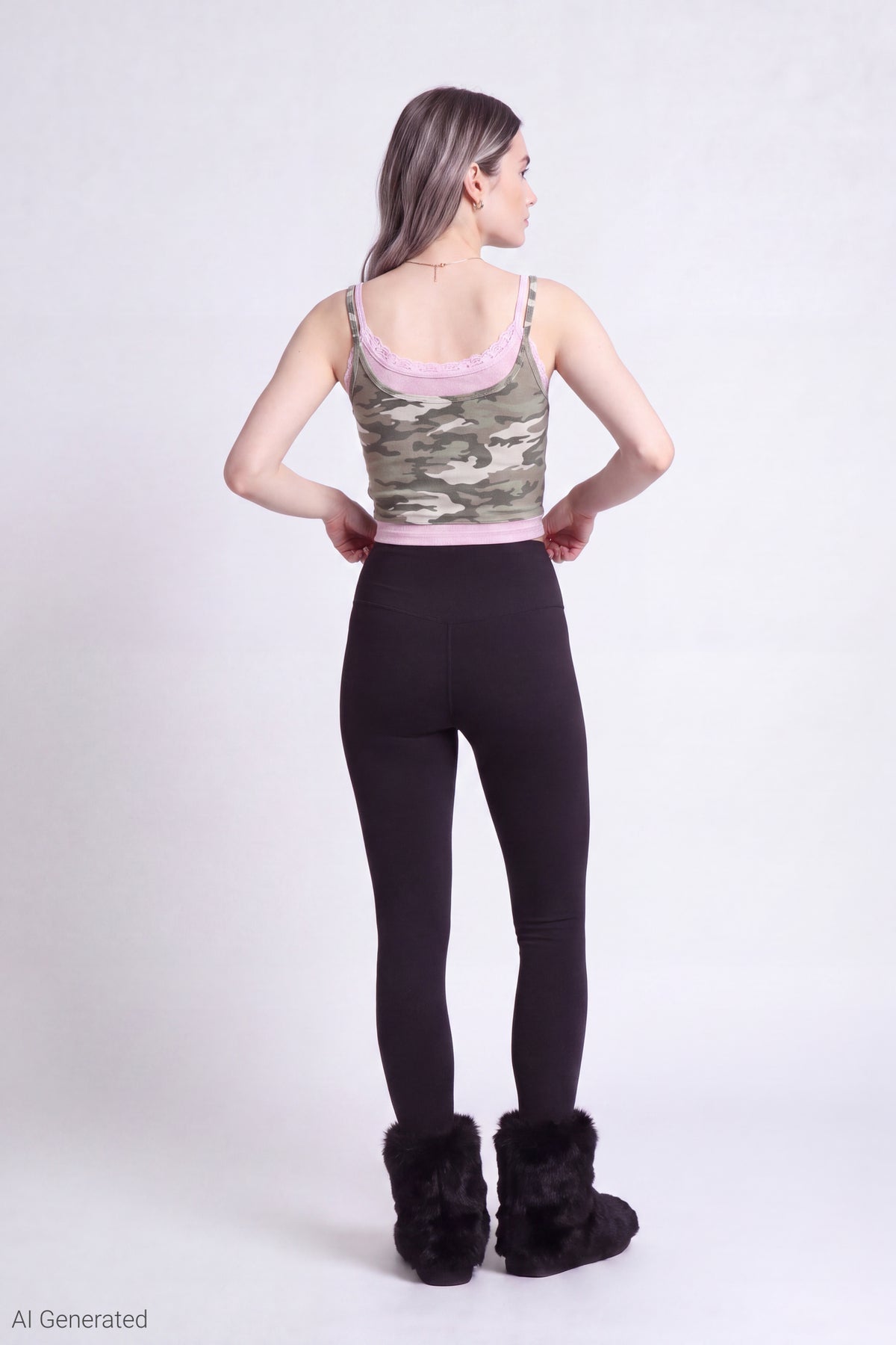 Alt View 3. Ribbed Lace Trim Layered Twofer Tank - Camouflage
