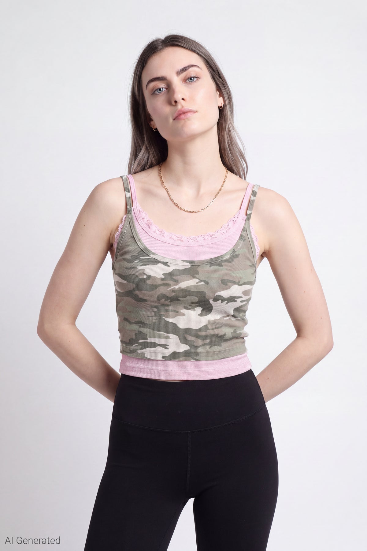 Ribbed Lace Trim Layered Twofer Tank - Camouflage