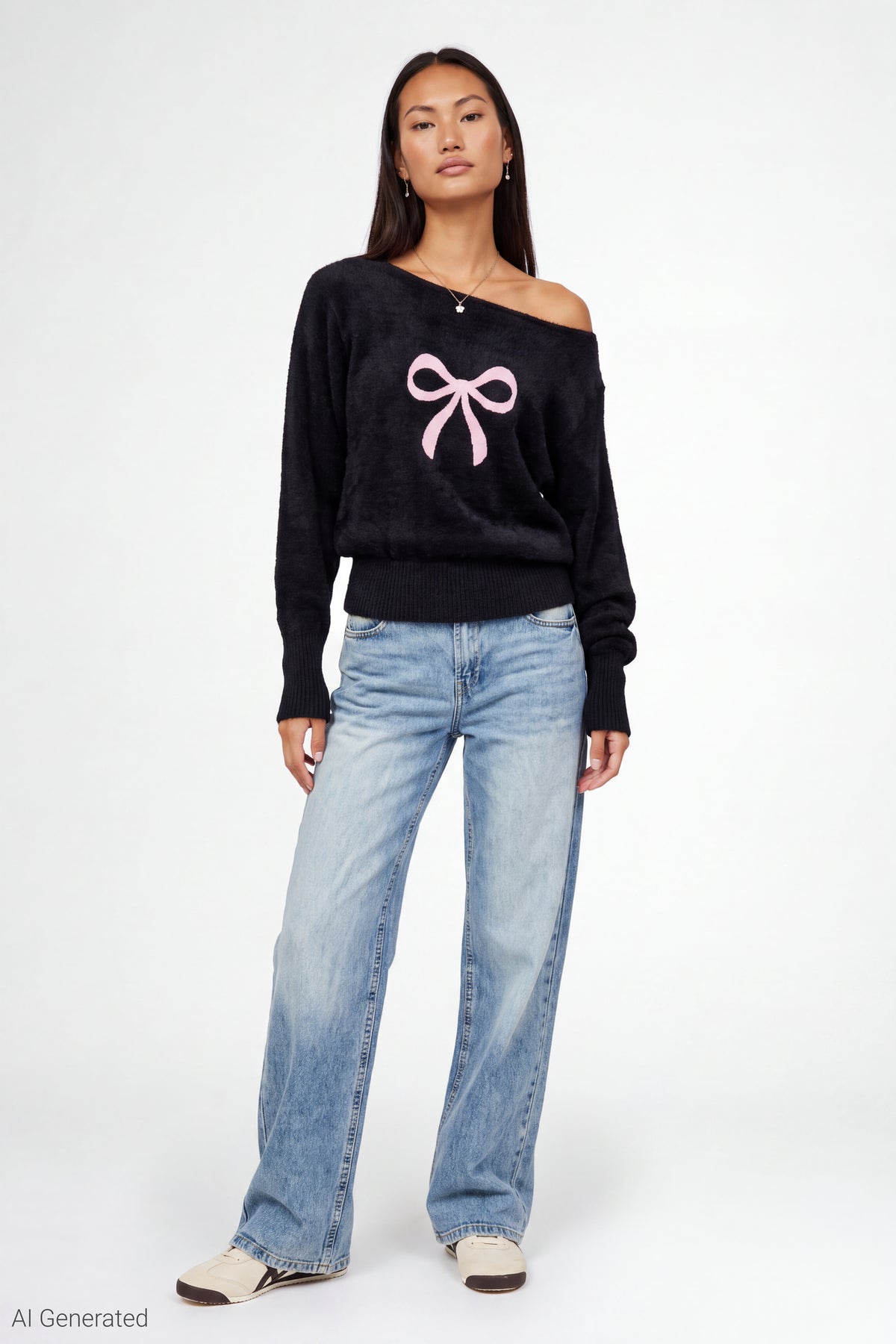 Alt View 2. Graphic Off Shoulder Knit Sweater - Black