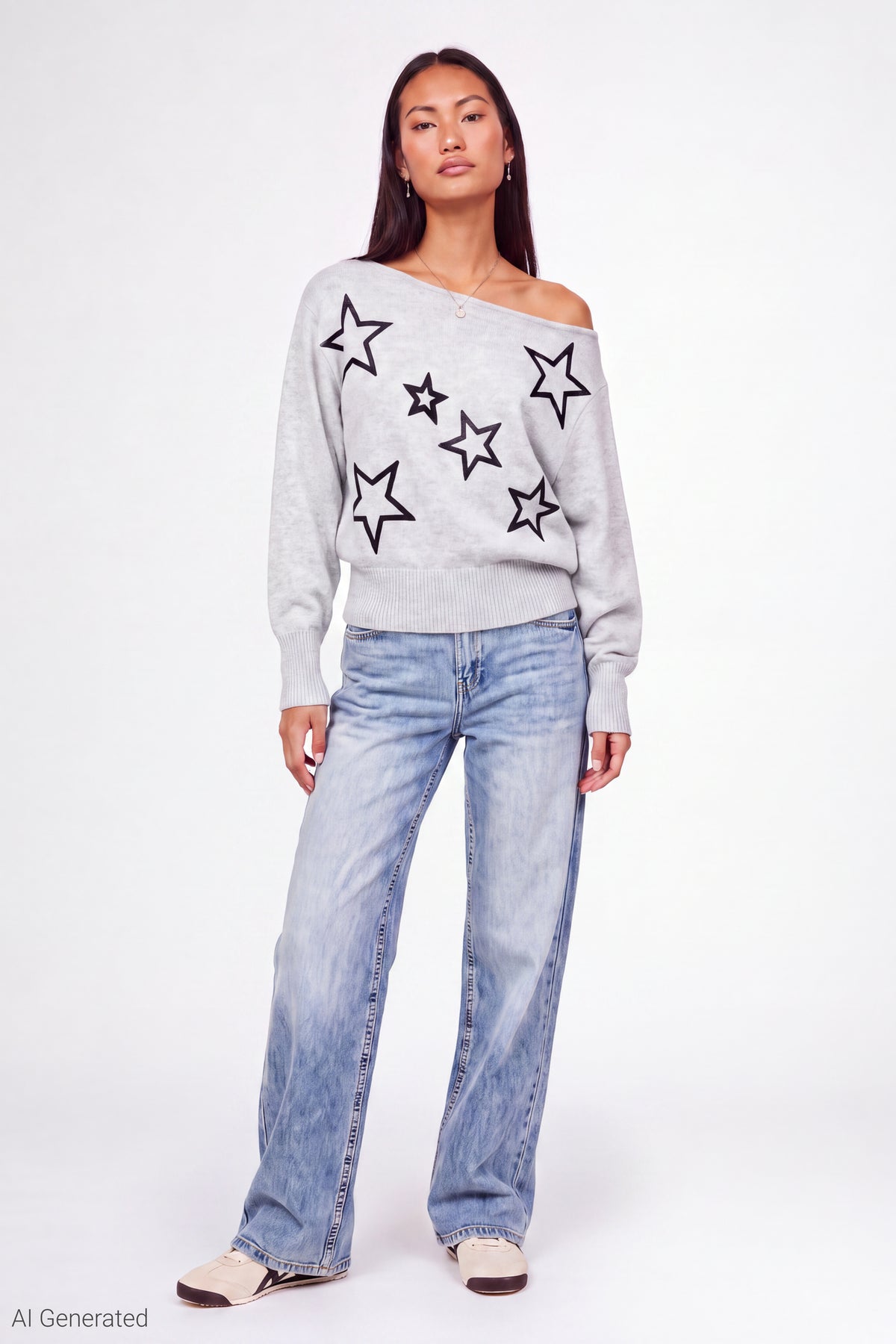 Alt View 2. Graphic Off Shoulder Knit Sweater - Heather Grey