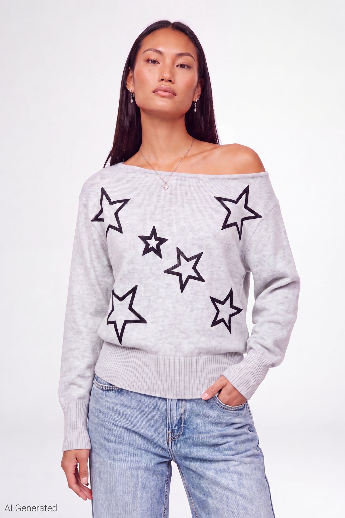 Graphic Off Shoulder Knit Sweater - Heather Grey