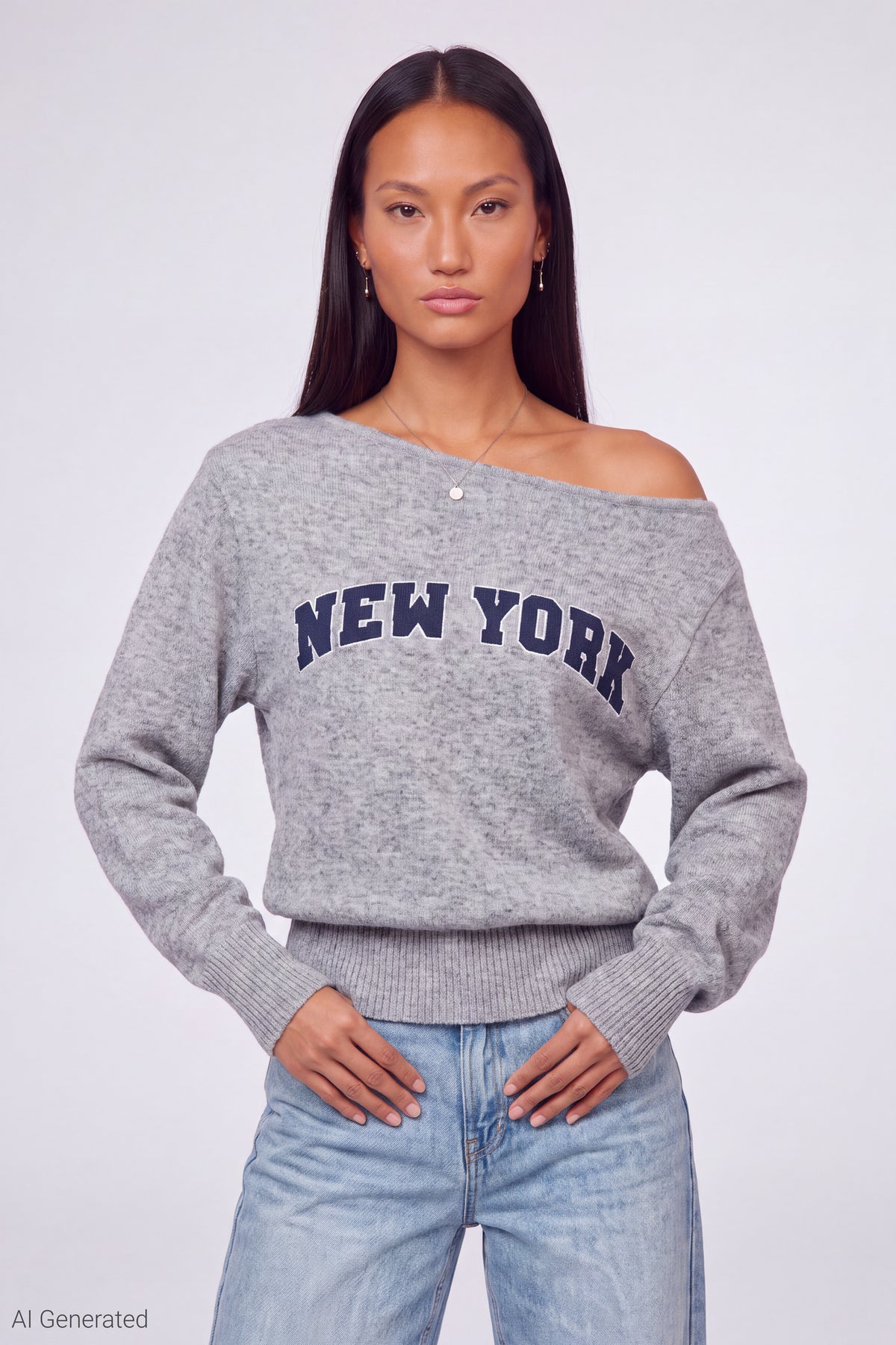Graphic Off Shoulder Knit Sweater - Dark Grey