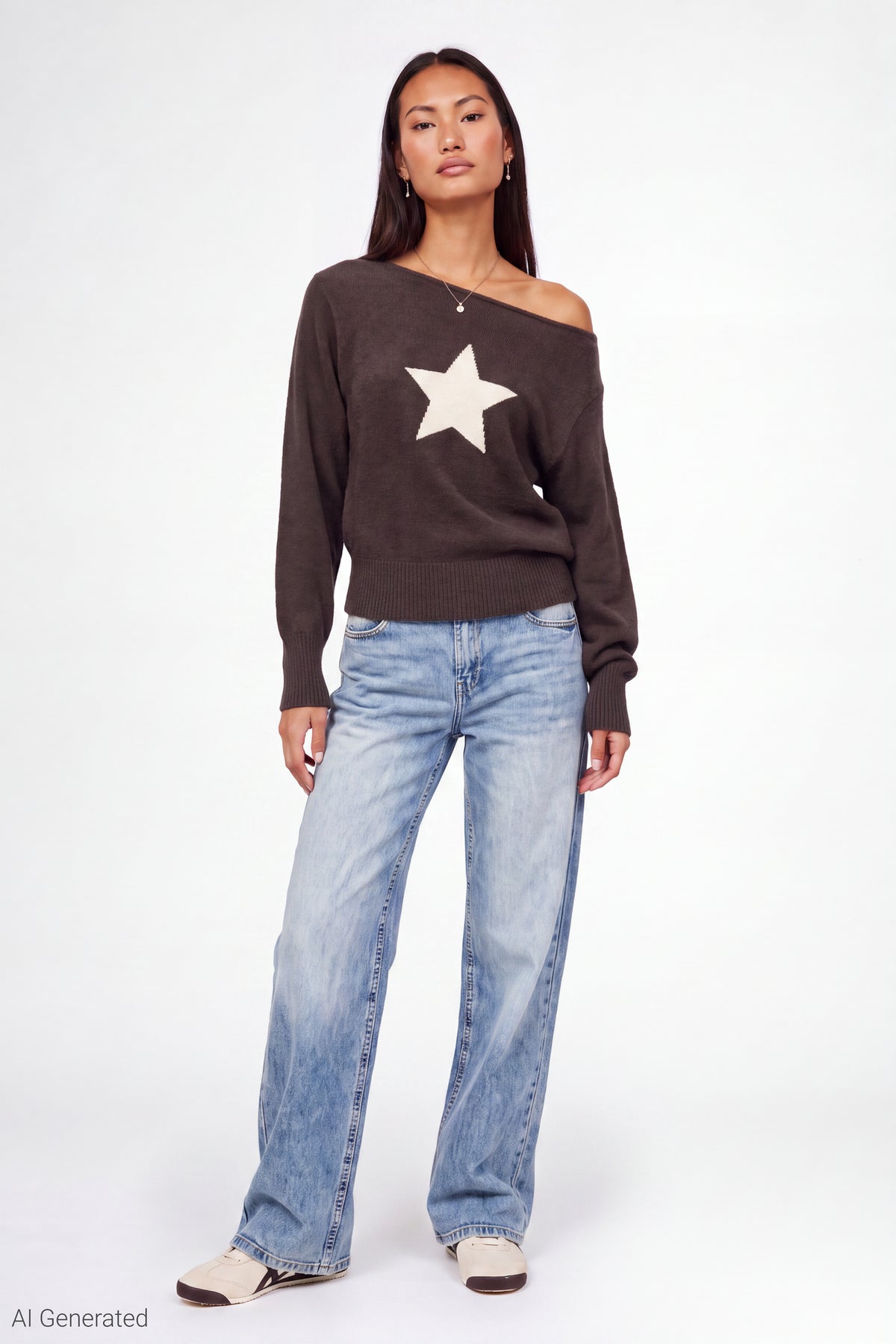 Alt View 2. Graphic Off Shoulder Knit Sweater - Brown