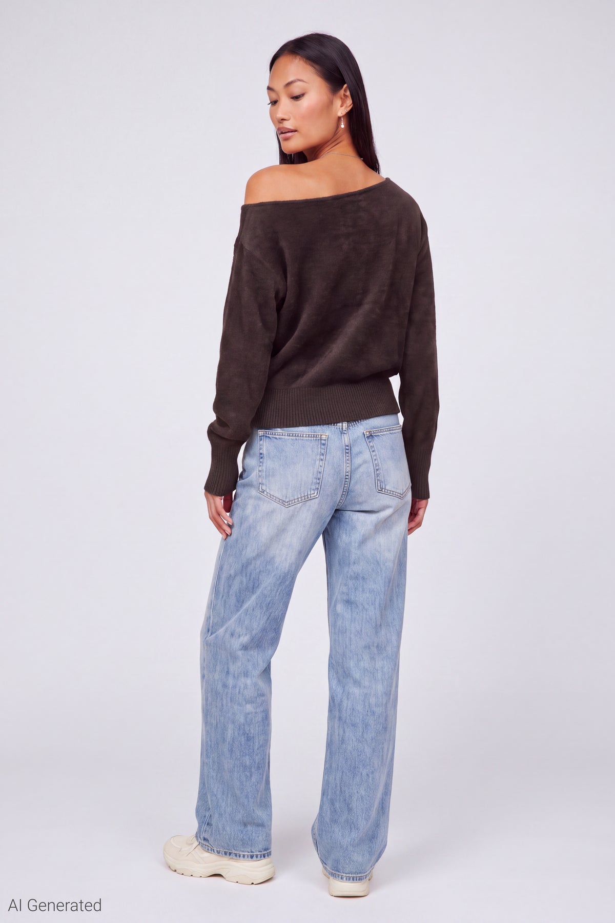 Alt View 3. Graphic Off Shoulder Knit Sweater - Brown