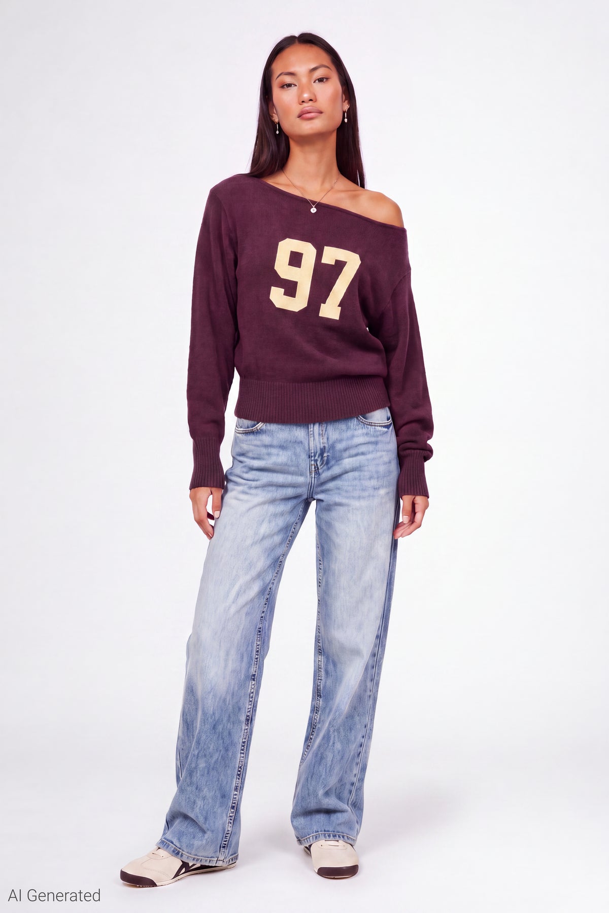 Alt View 2. Graphic Off Shoulder Knit Sweater - Cherry
