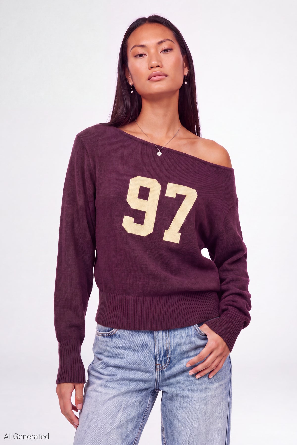 Graphic Off Shoulder Knit Sweater - Cherry